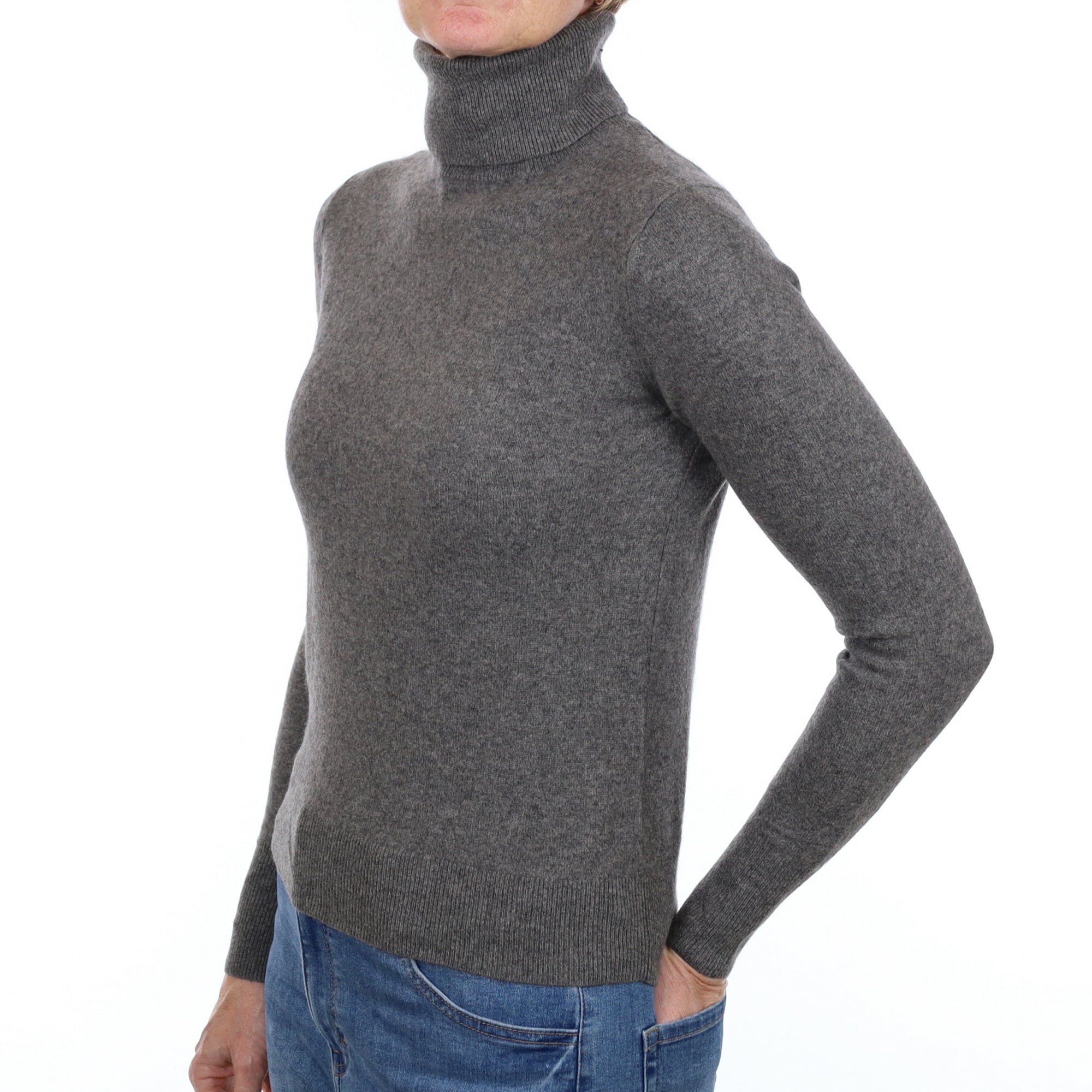 Ash Grey Cashmere Polo Neck Jumper Small