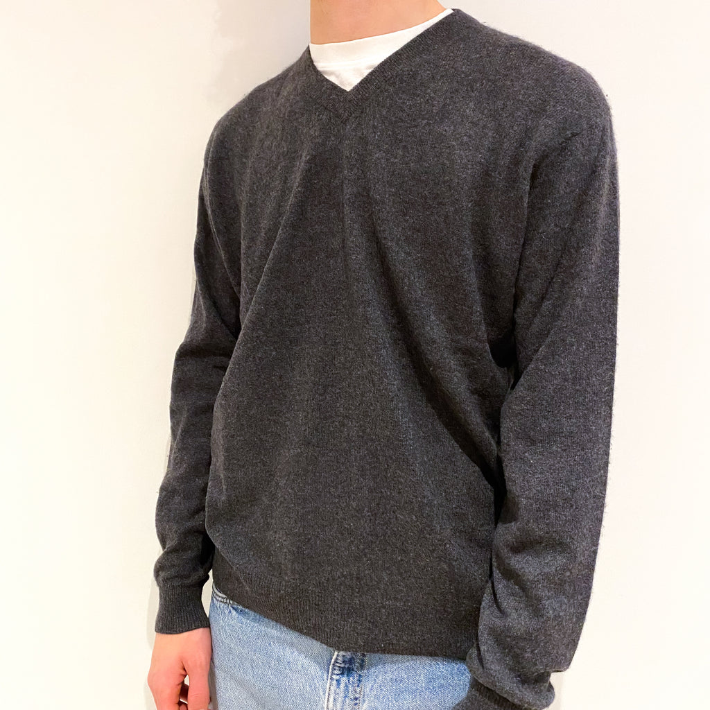 Men's Slate Grey Cashmere V-Neck Jumper Large