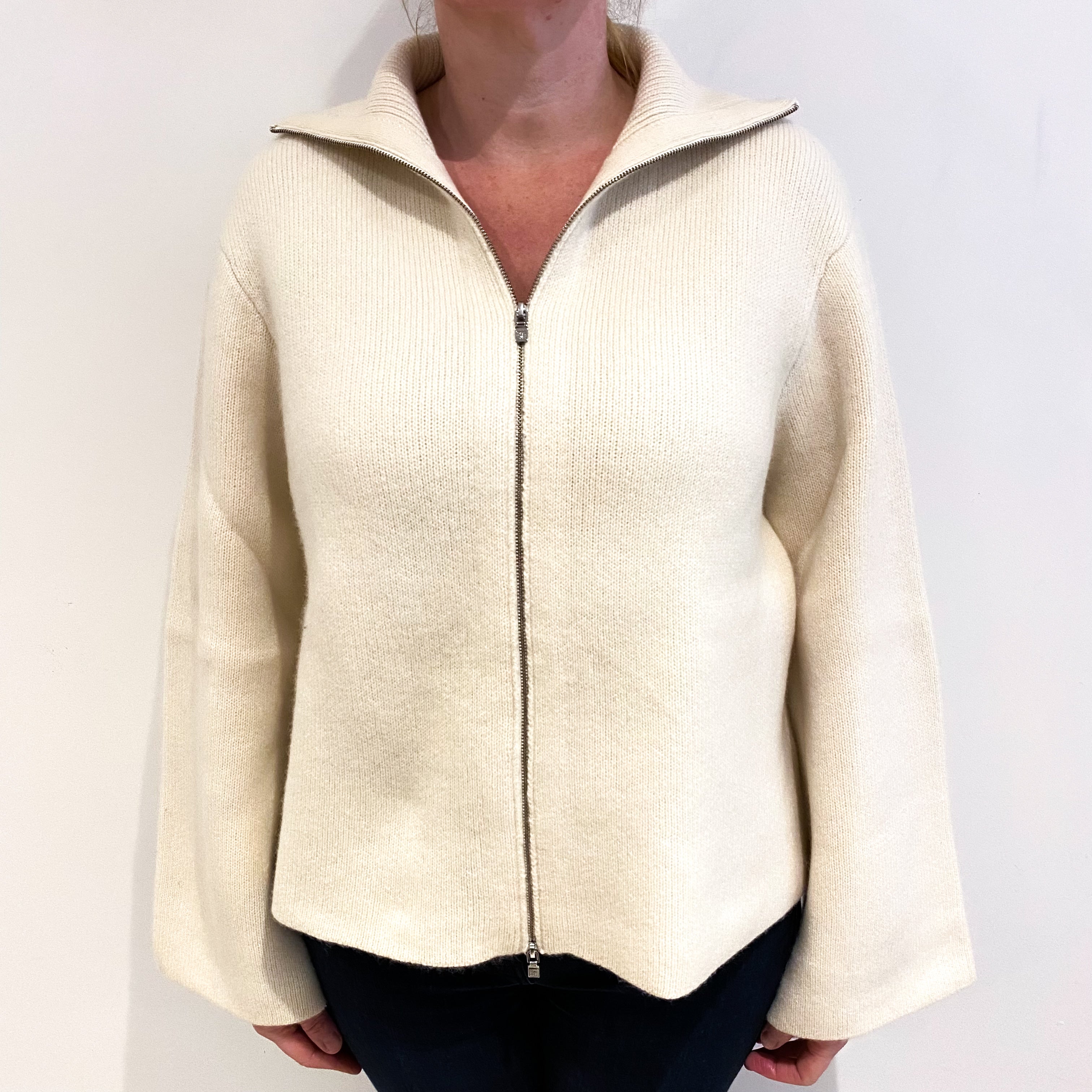 Toteme Cream Cashmere Zip Up Collared Cardigan Large