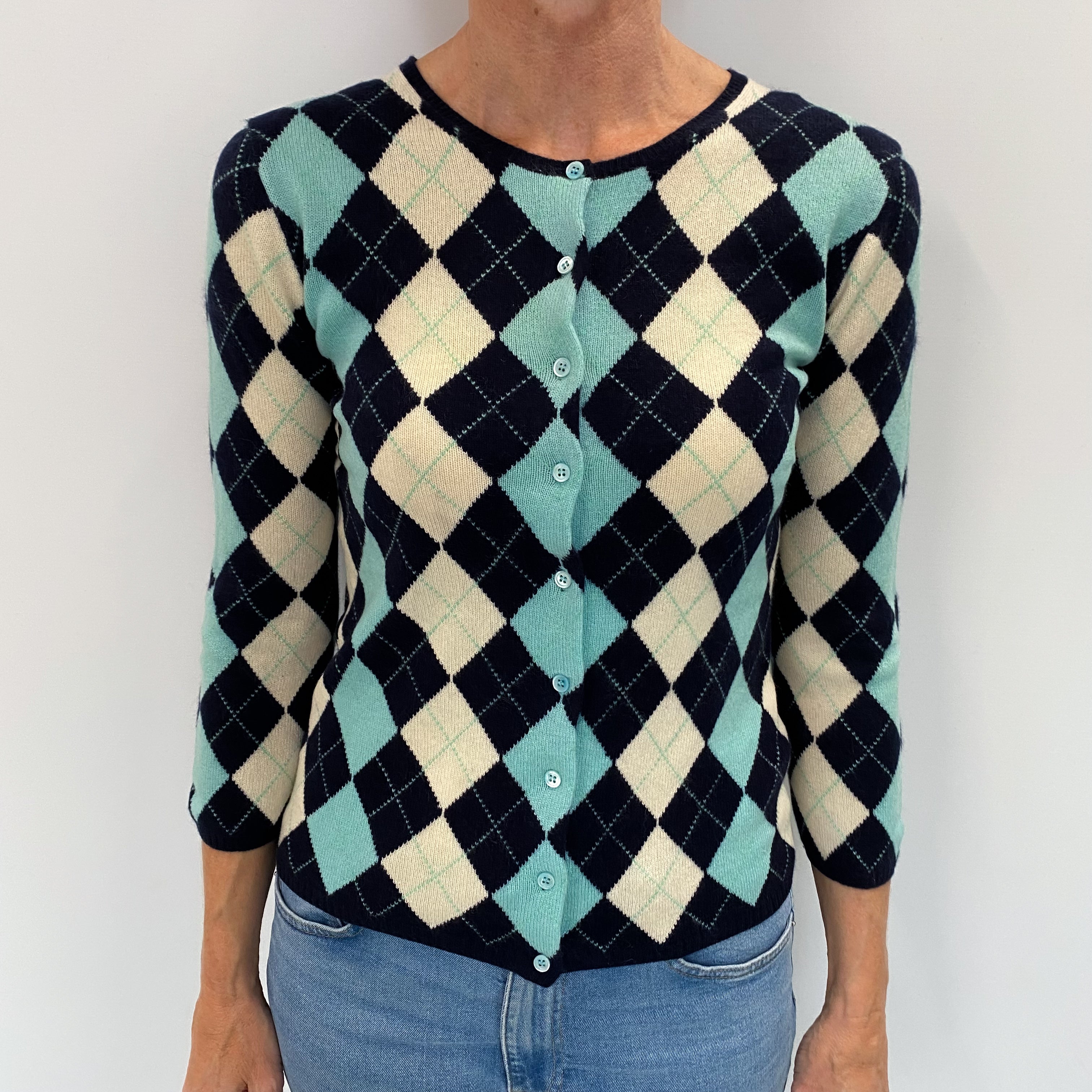 Navy Blue Argyle Cashmere Crew Neck Cardigan Small