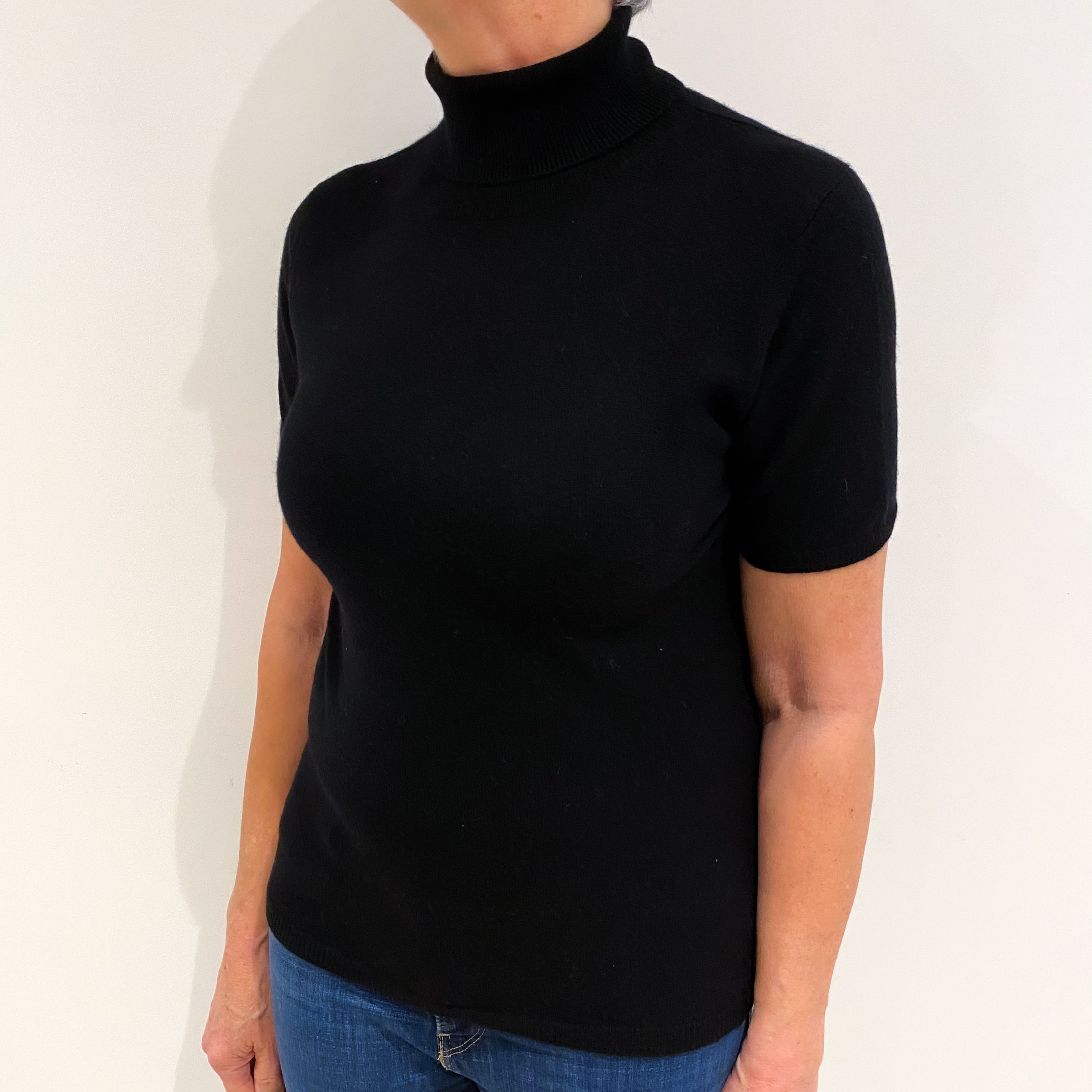 Black Cashmere Polo Neck Short Sleeved Jumper Medium