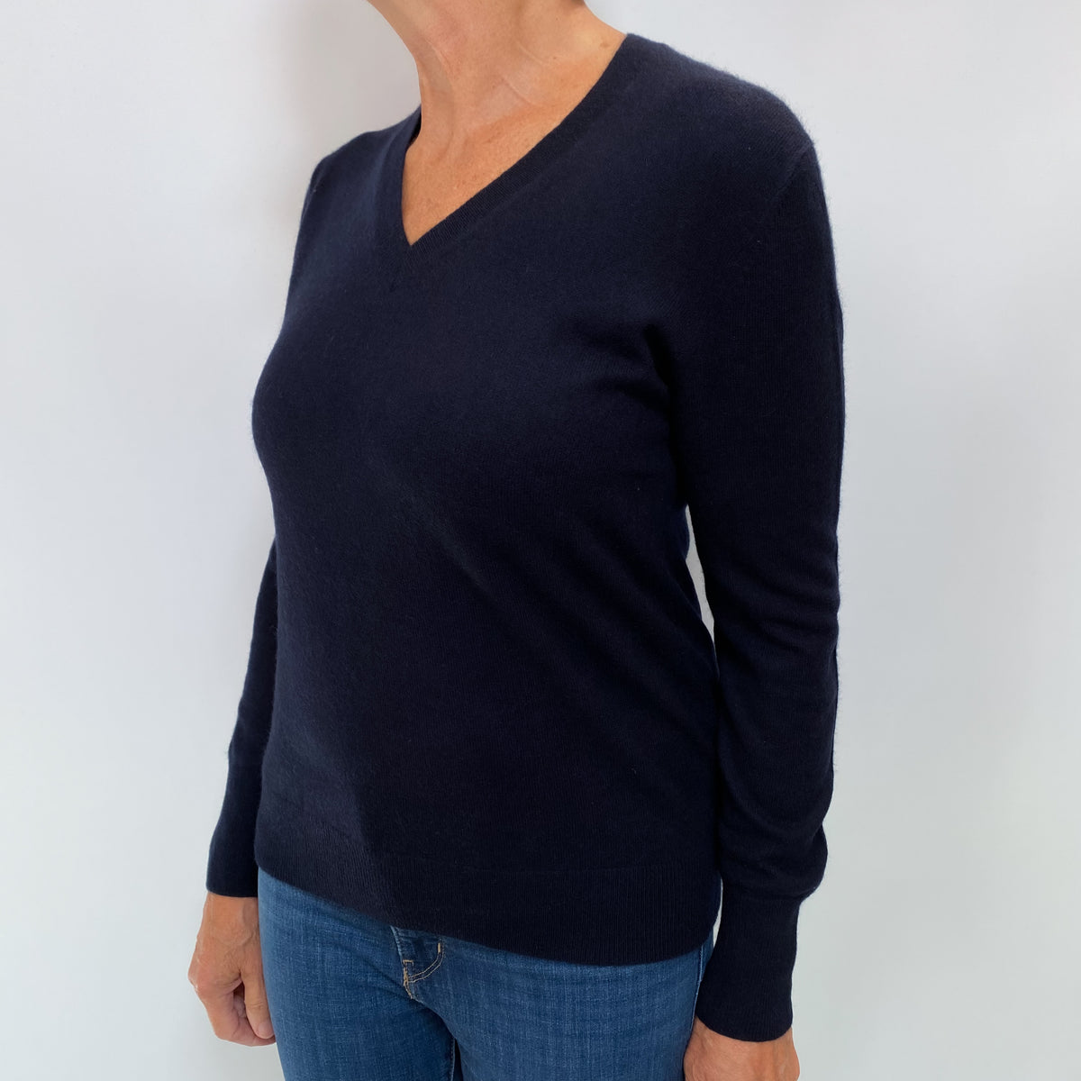 Navy Blue Cashmere V Neck Jumper Medium