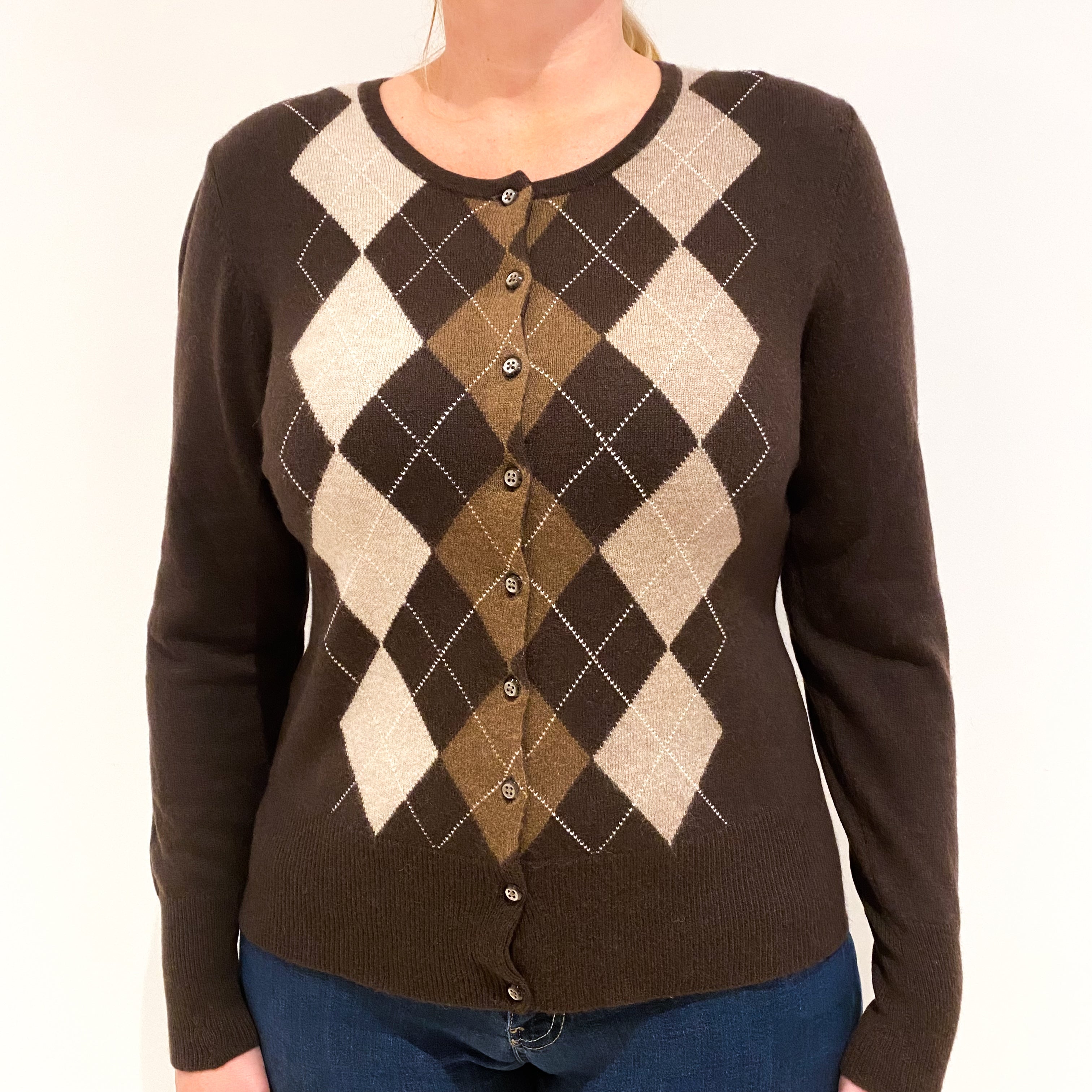 Chocolate Brown Argyle Front Cashmere Crew Neck Cardigan Large
