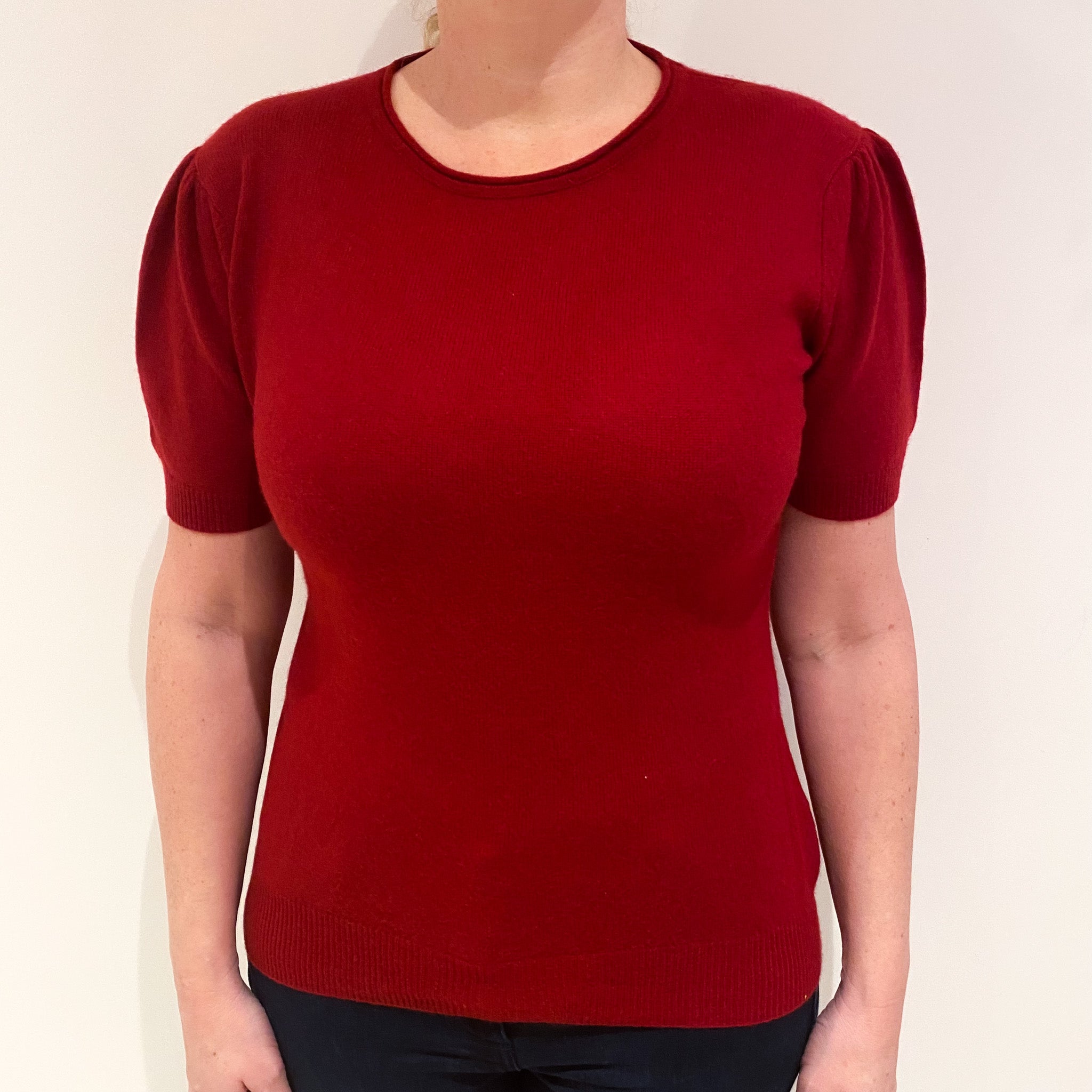 Crimson Red Cashmere Short Sleeved Crew Neck Jumper Large