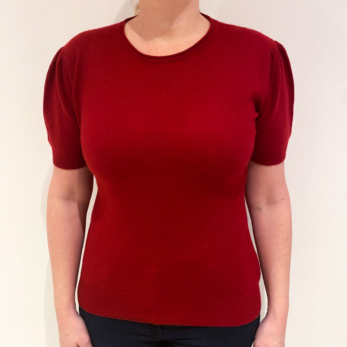 Crimson Red Cashmere Short Sleeved Crew Neck Jumper Large