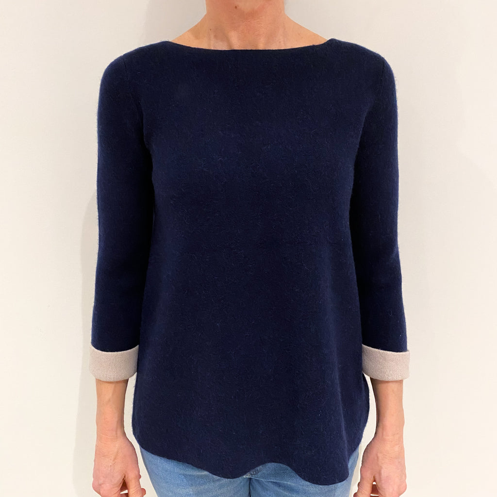 French Navy Oatmeal Trim Cashmere Slash Neck Jumper Small