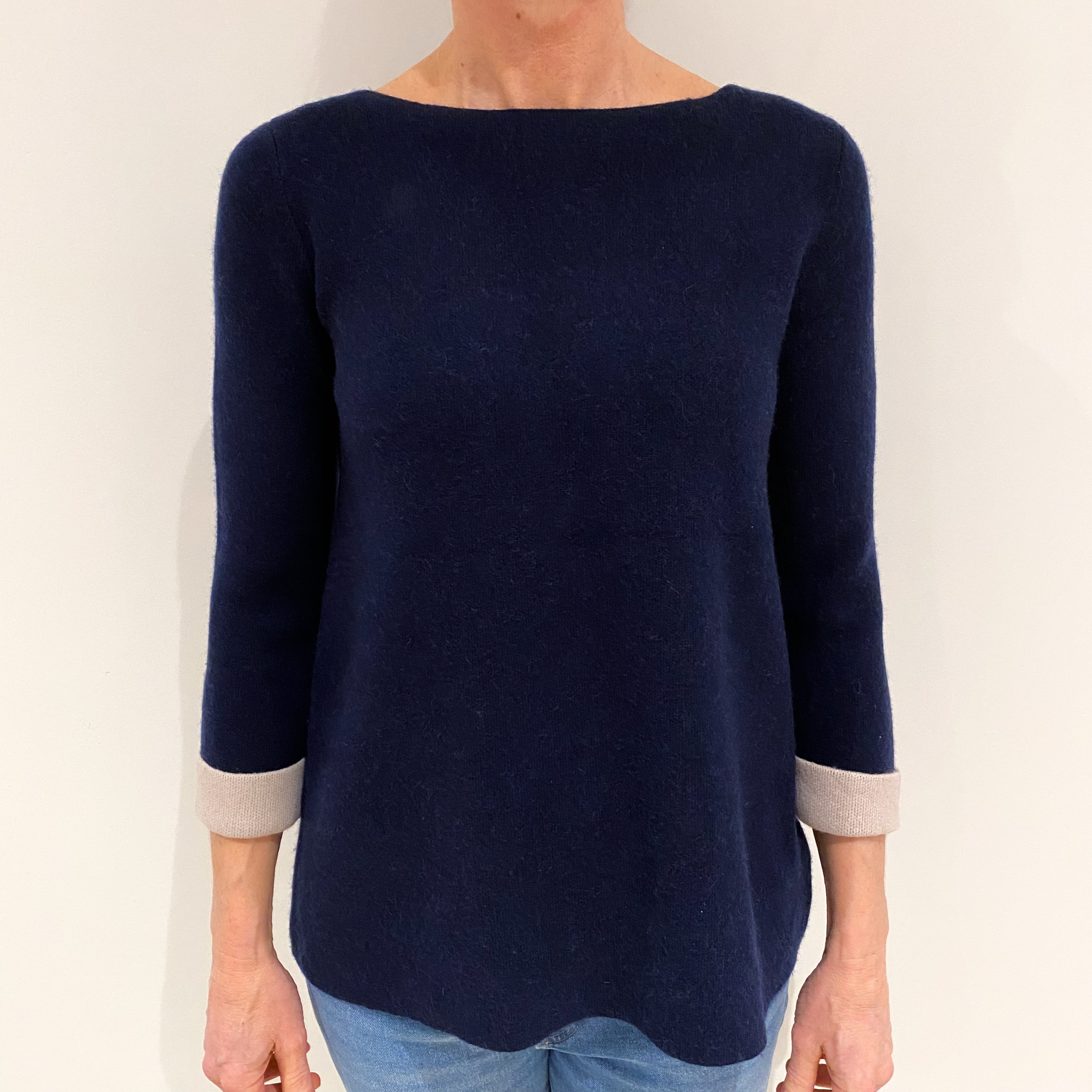 French Navy Oatmeal Trim Cashmere Slash Neck Jumper Small