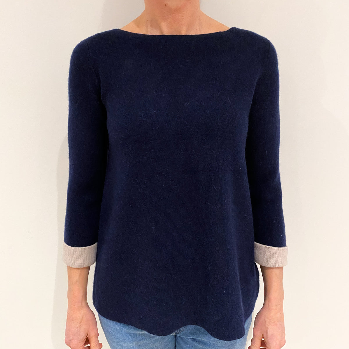 French Navy Oatmeal Trim Cashmere Slash Neck Jumper Small