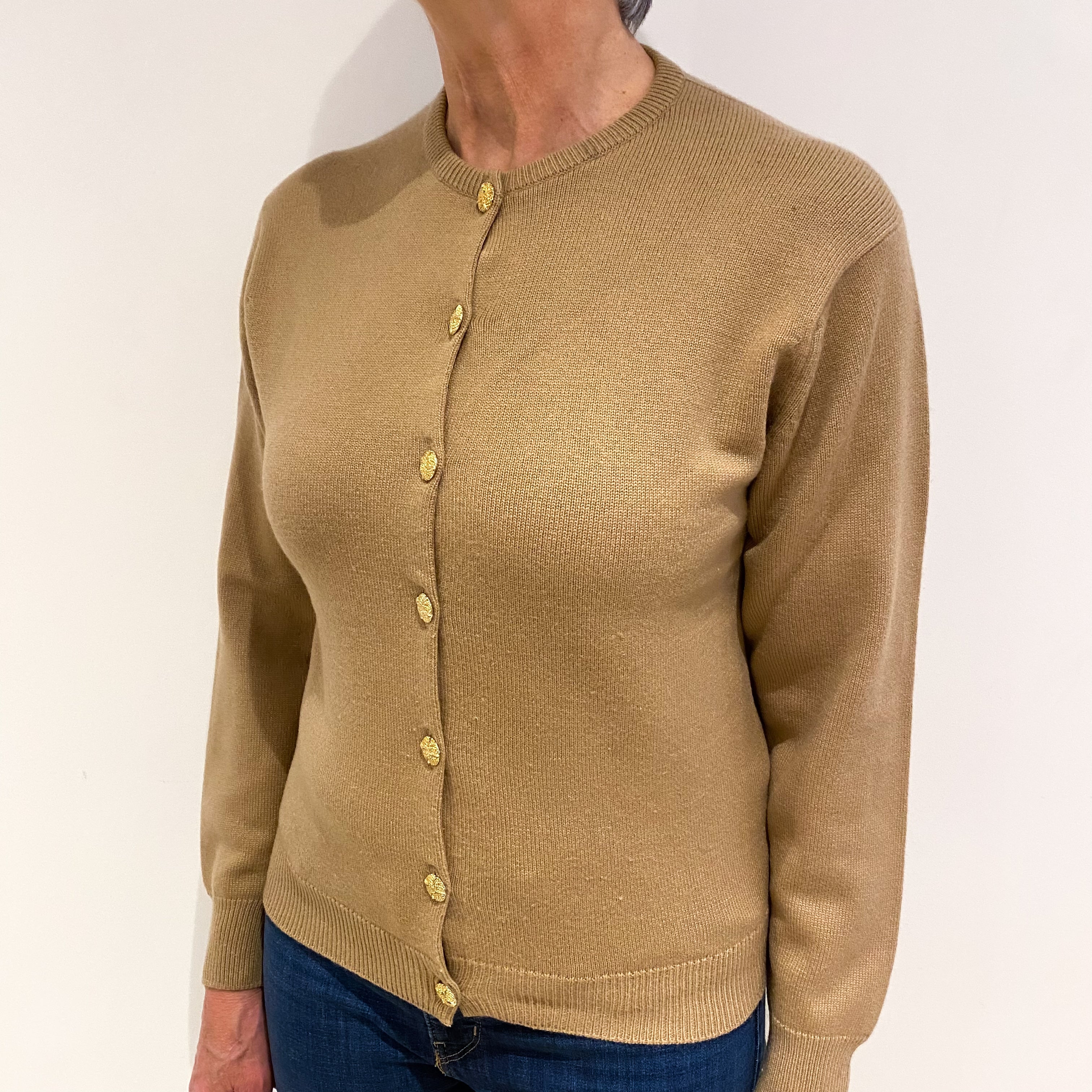 Scottish Camel Brown Cashmere Crew Neck Cardigan Medium