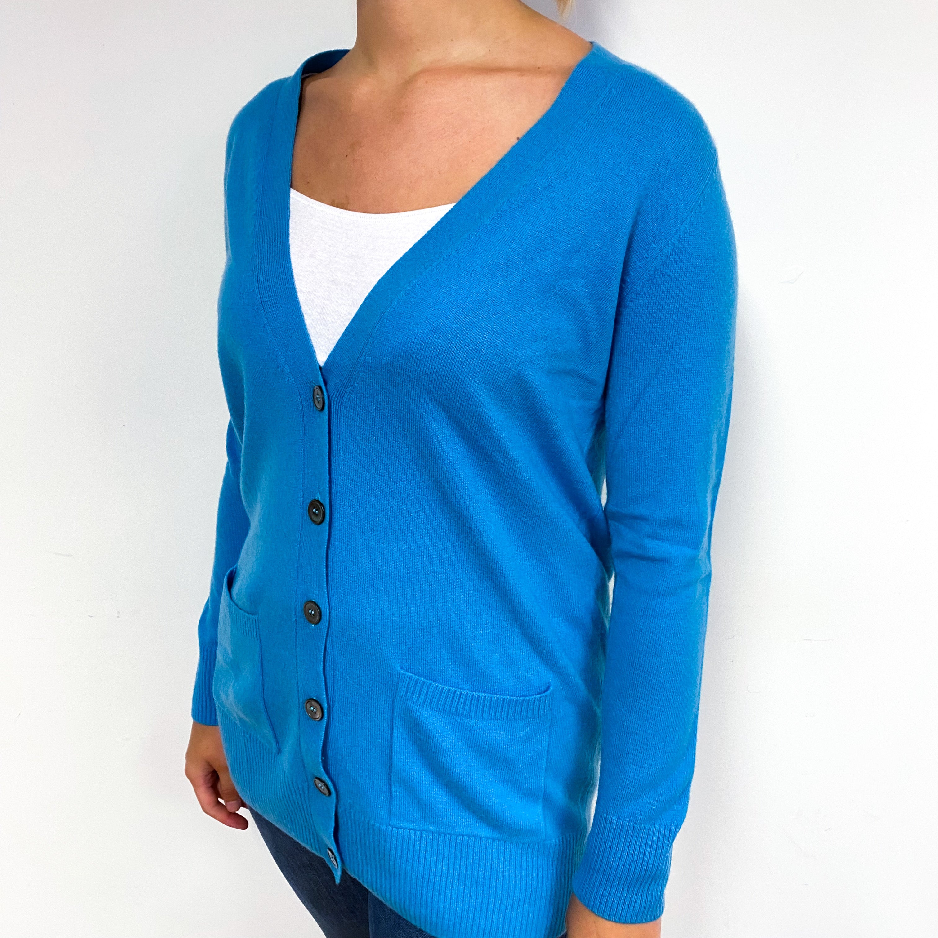 Ocean Blue Longline Cashmere V-Neck Cardigan Small