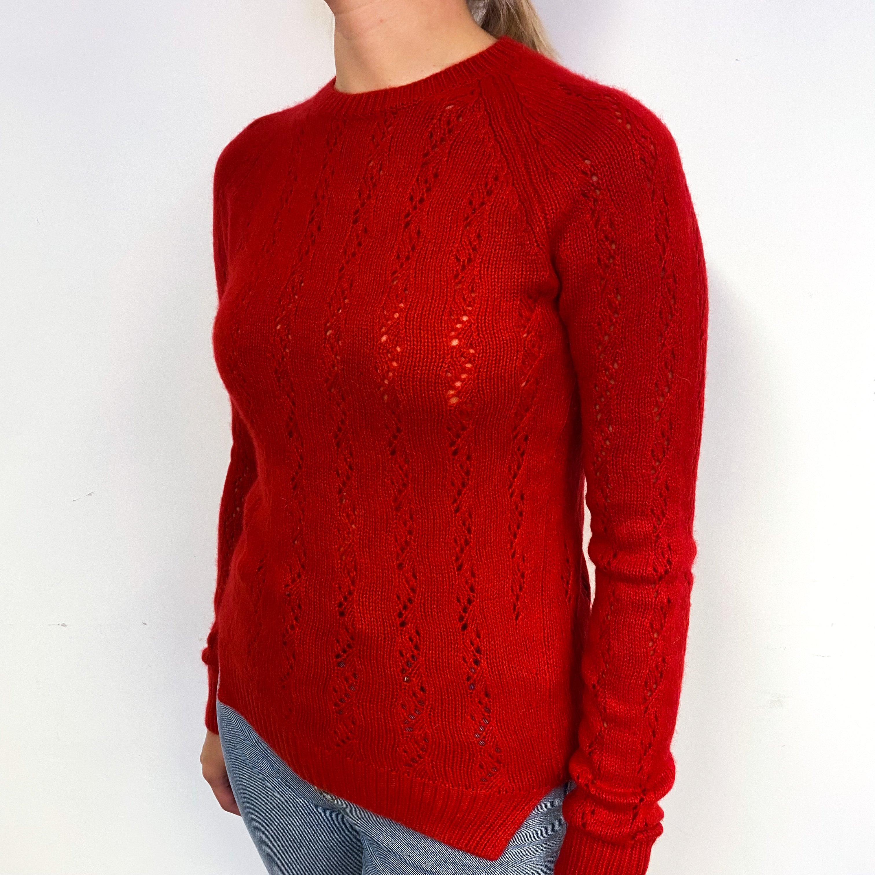 Red Chunky Lace Knit Cashmere Crew Neck Jumper Small