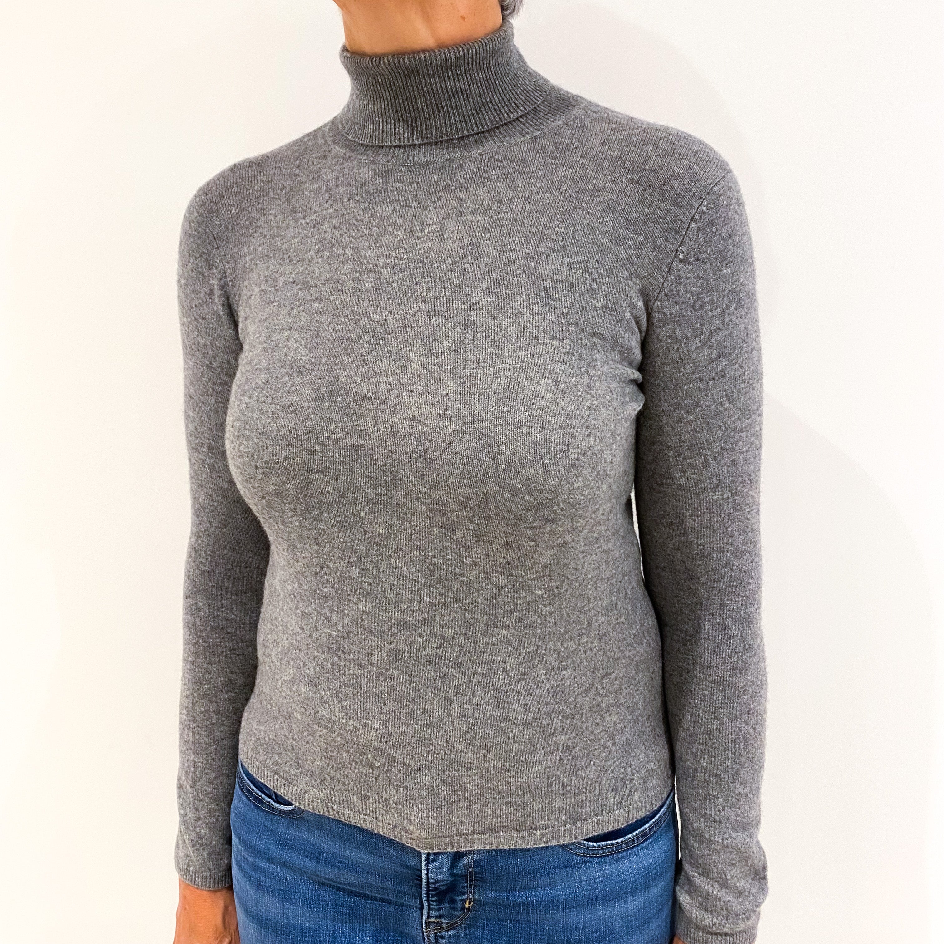 Ash Grey Cashmere Polo Neck Jumper Medium