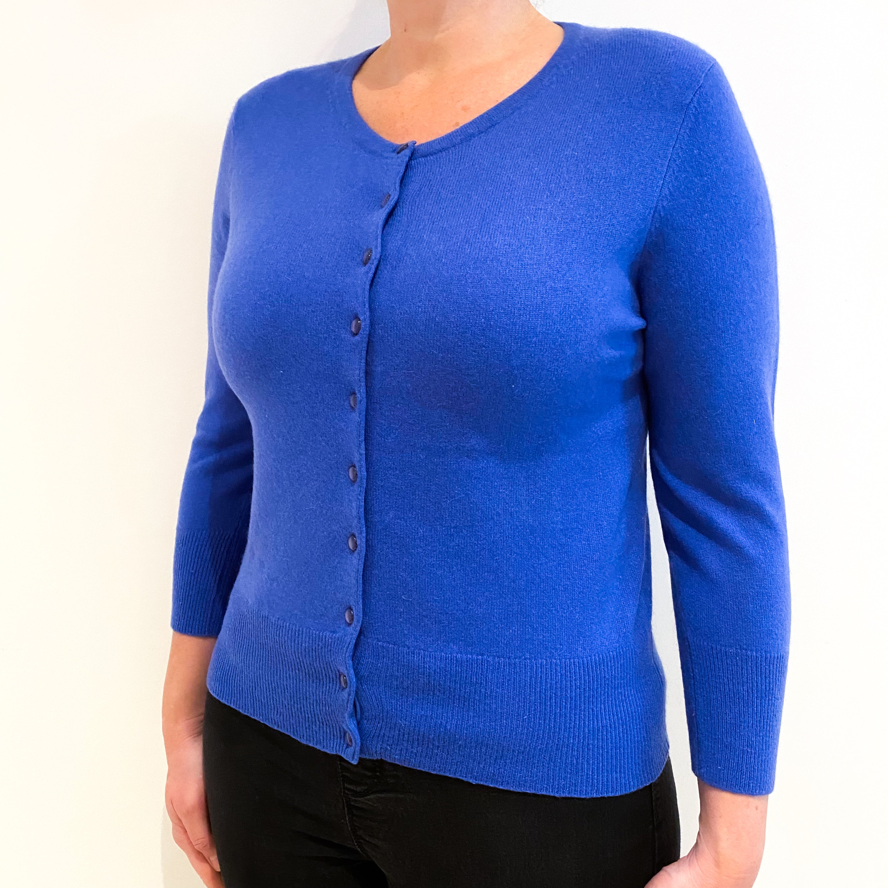 Azure Blue 3/4 Sleeve Cashmere Crew Neck Cardigan Large