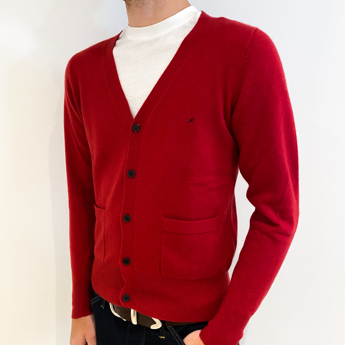 Men's Red Cashmere V-Neck Cardigan Medium