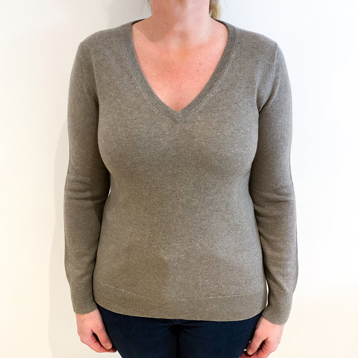 Mink Brown Cashmere V Neck Jumper Large