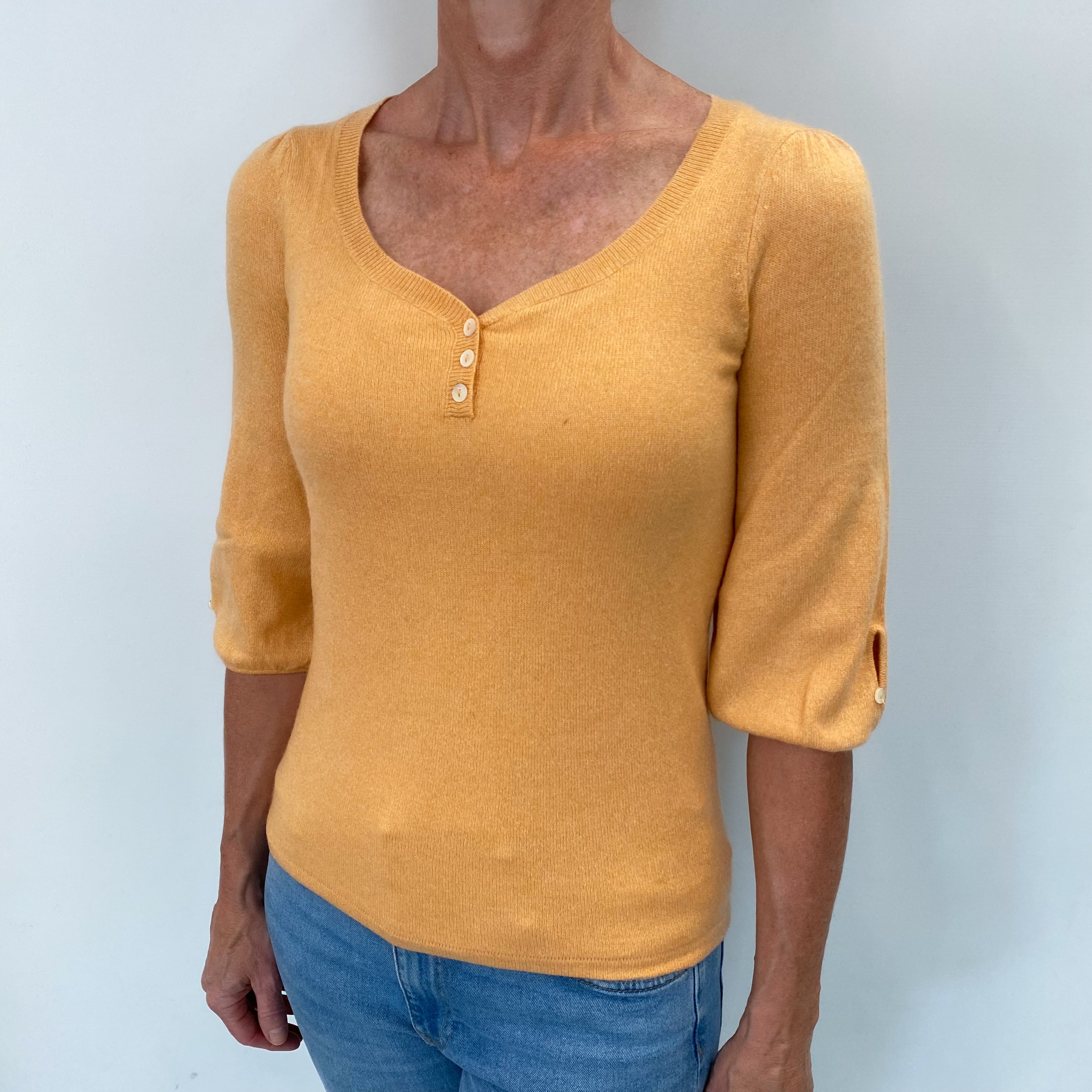 Apricot Orange Cashmere Button V Neck Jumper Small
