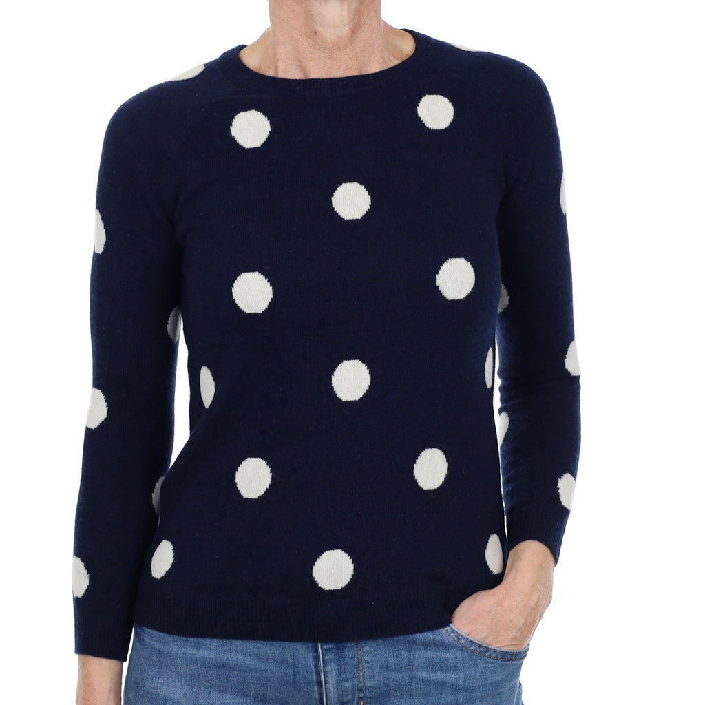 Navy Polka Dot Cashmere Crew Neck Jumper Small