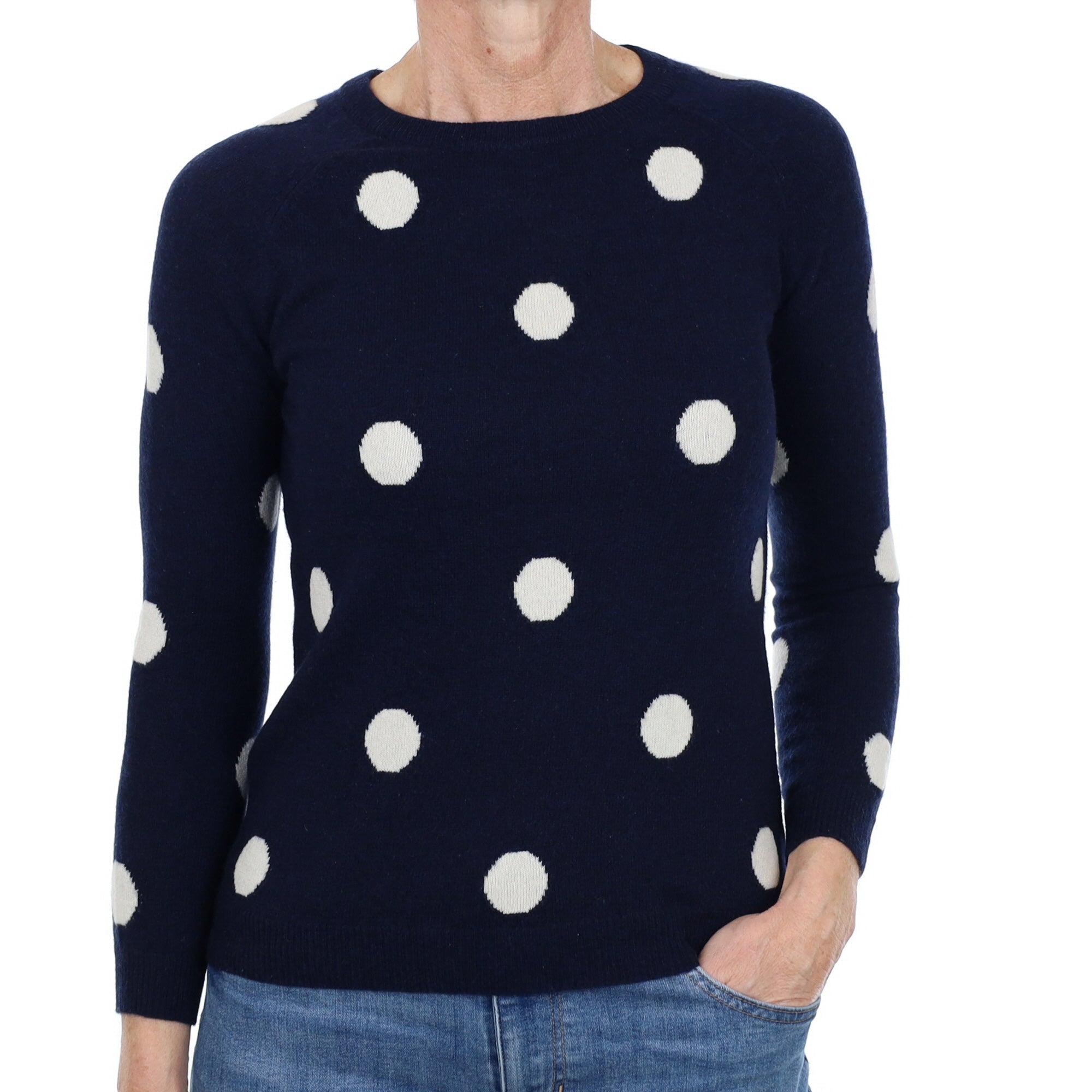Navy Polka Dot Cashmere Crew Neck Jumper Small