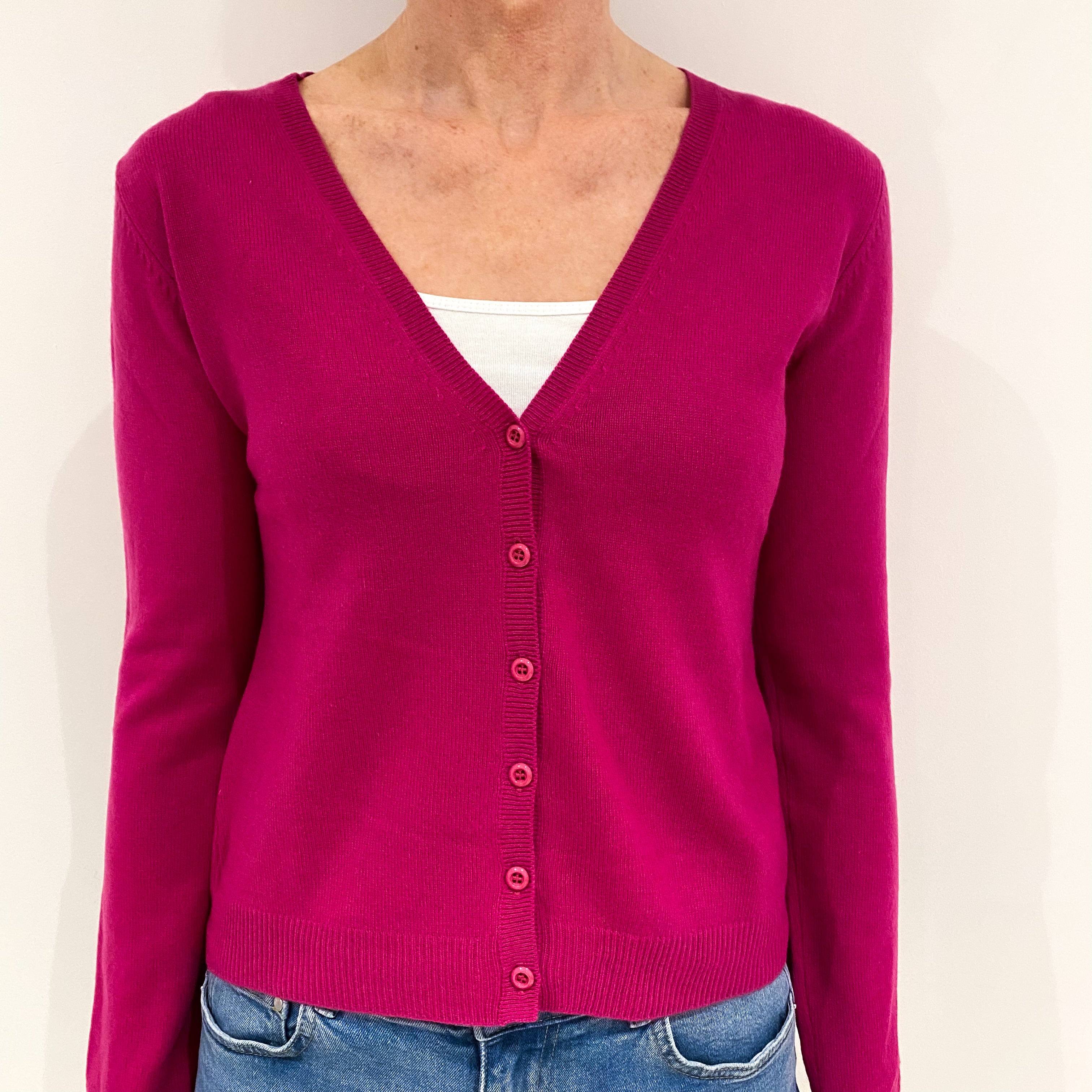 Fuchsia Pink Cashmere V Neck Cardigan Small