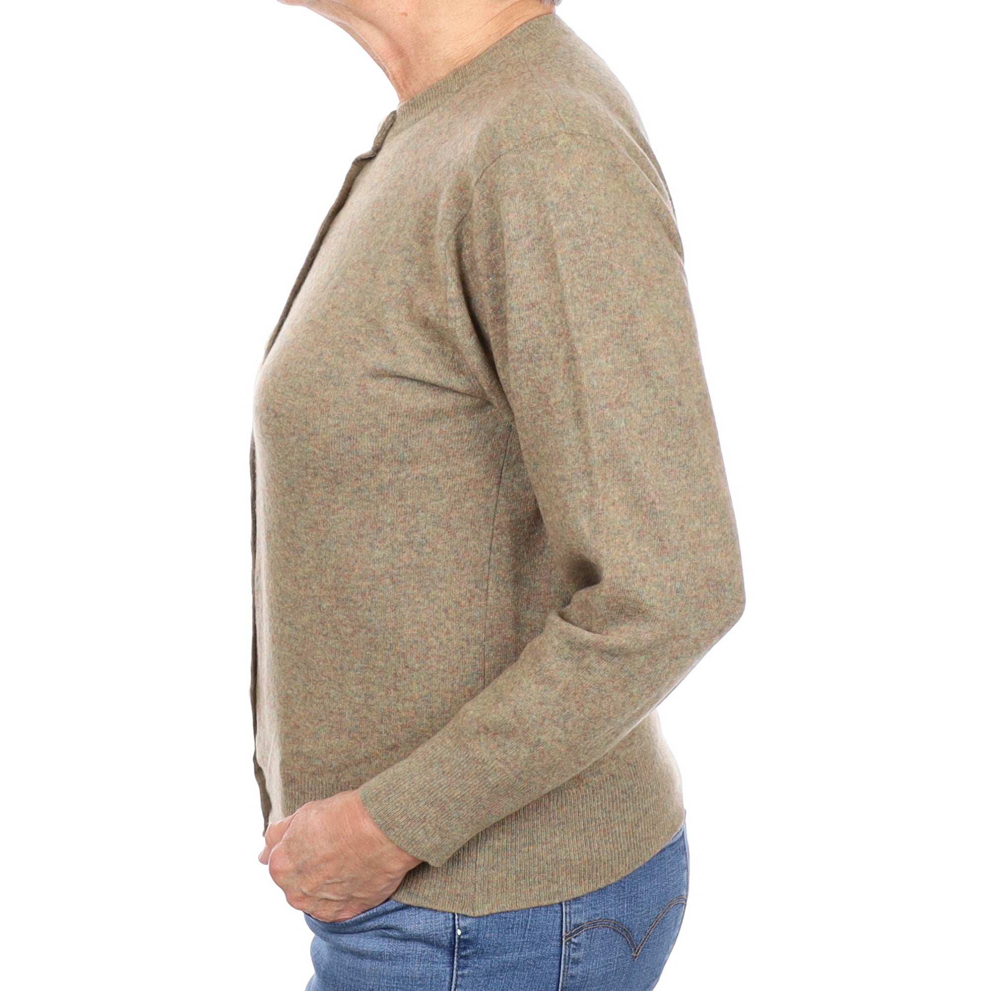 Scottish Khaki Green Marl Cashmere Crew Neck Cardigan Medium