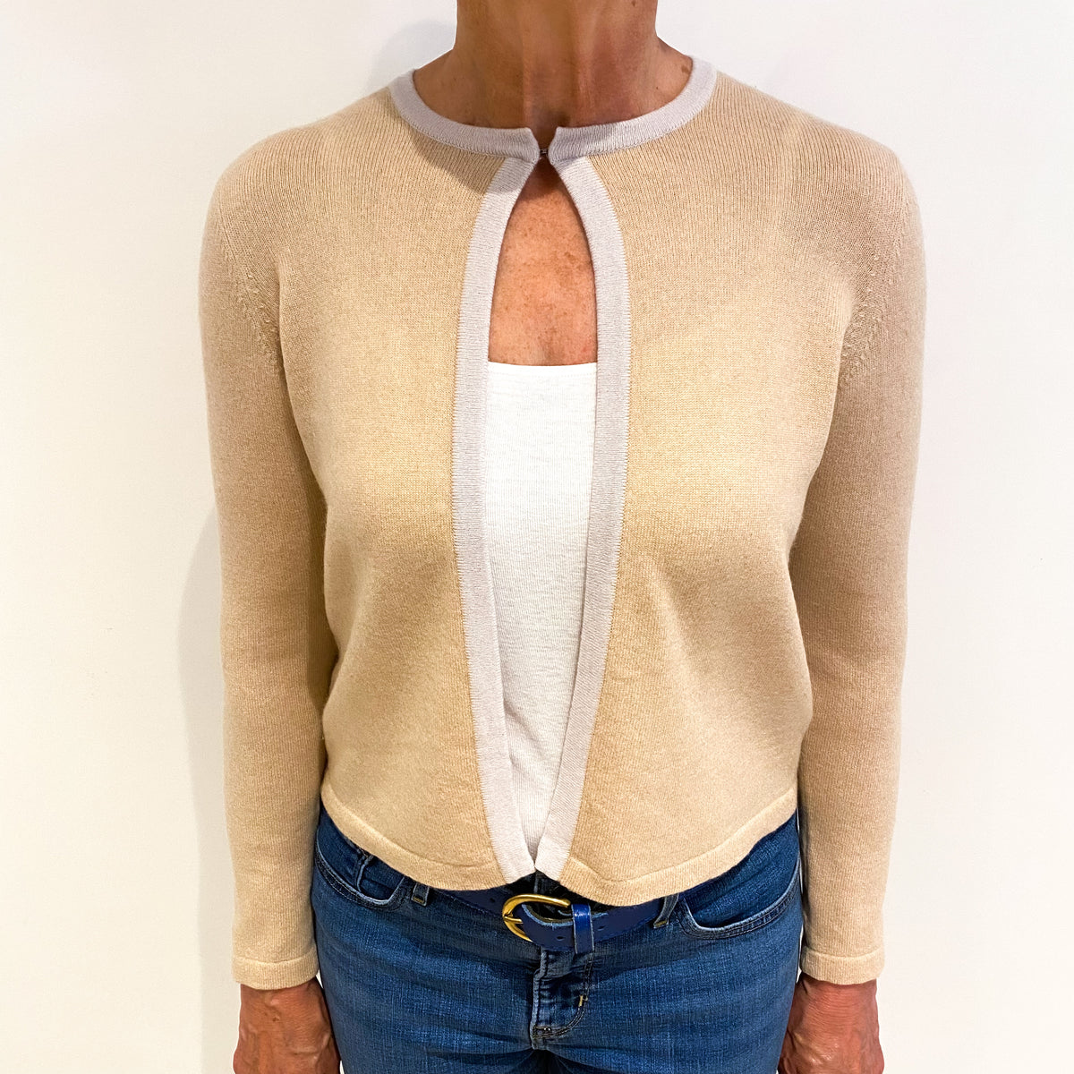 Buff Beige Cashmere Crew Neck Cardigan Medium
