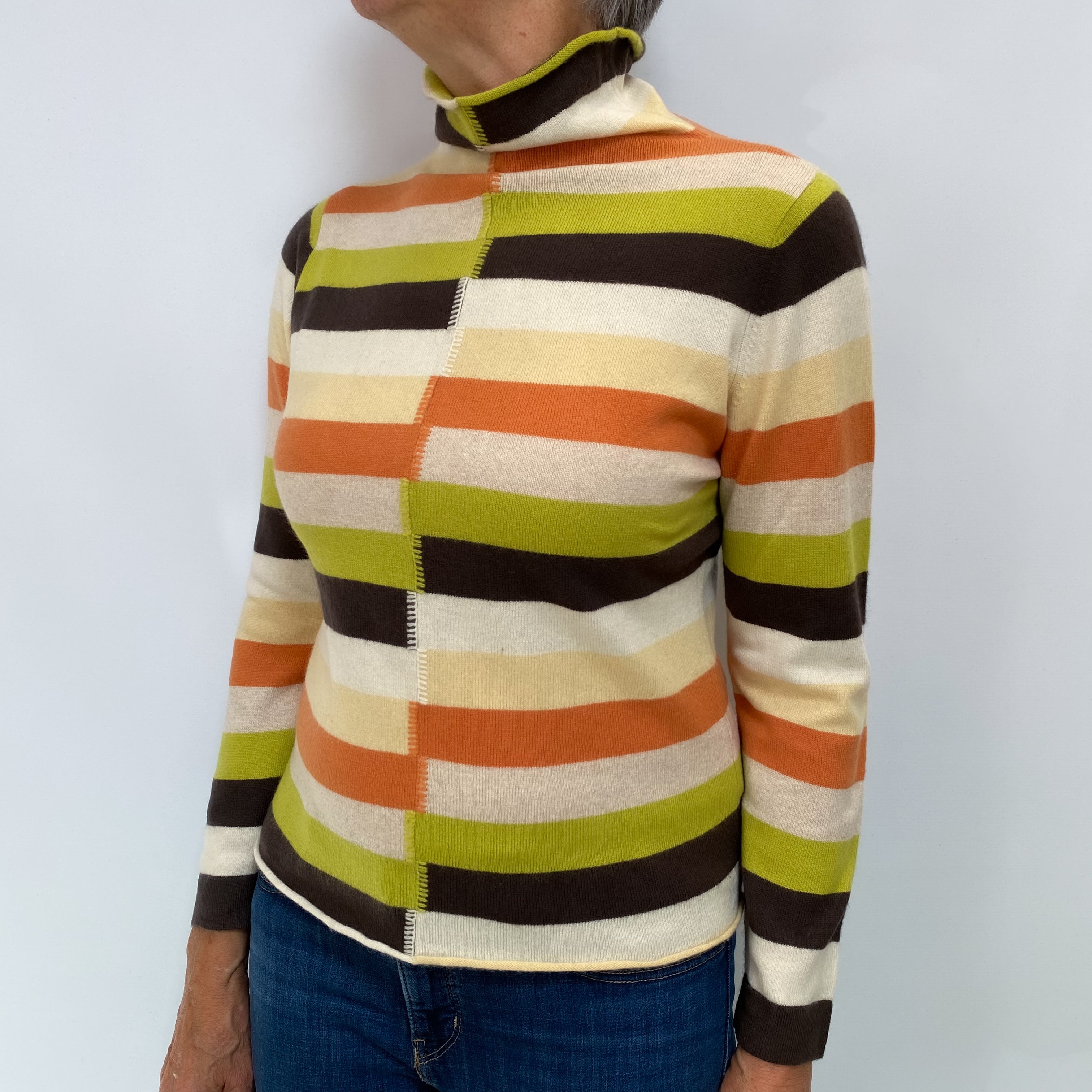 Green and Orange Colourblock Cashmere Funnel Neck Jumper Medium