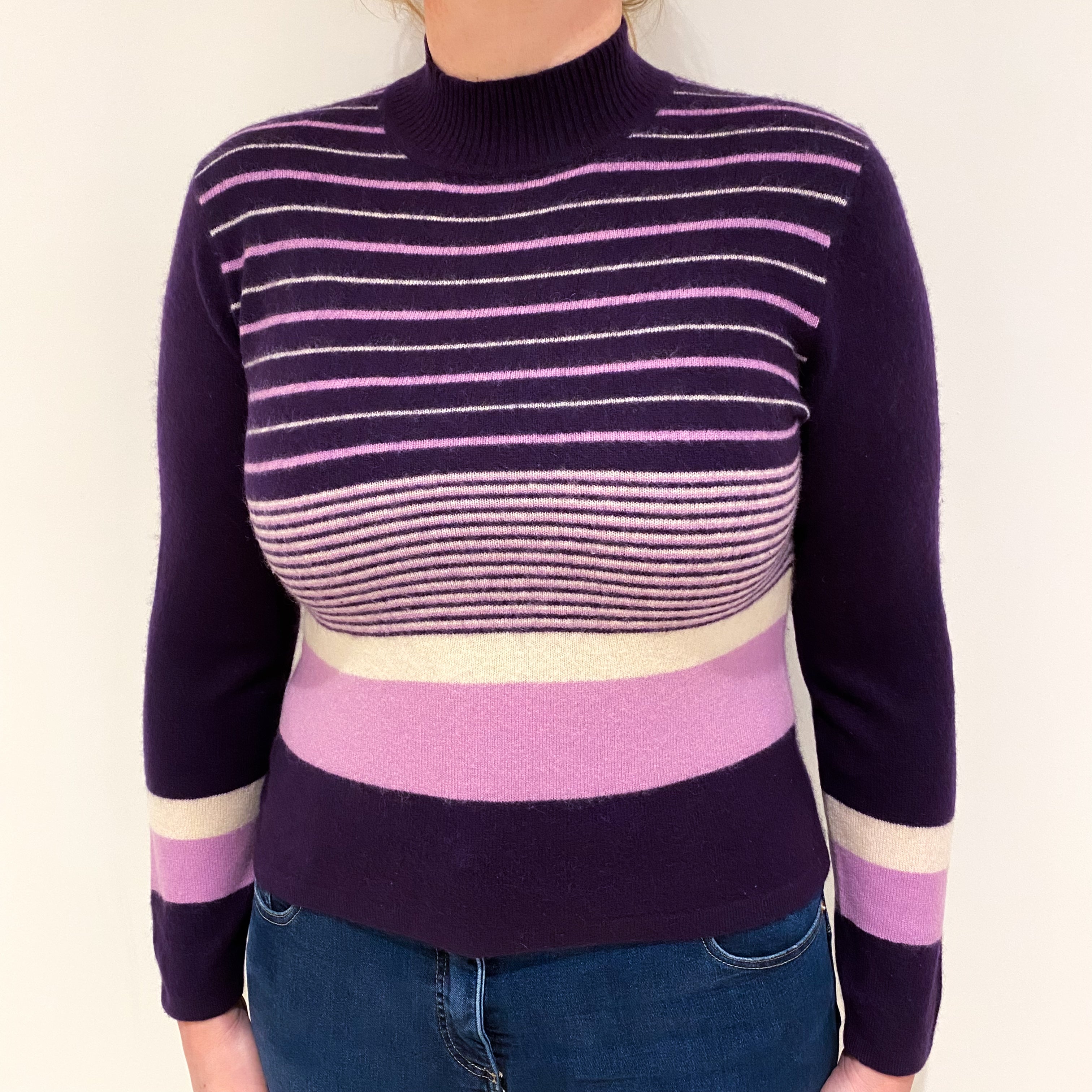 Purple Stripe Cashmere Turtle Neck Jumper Large