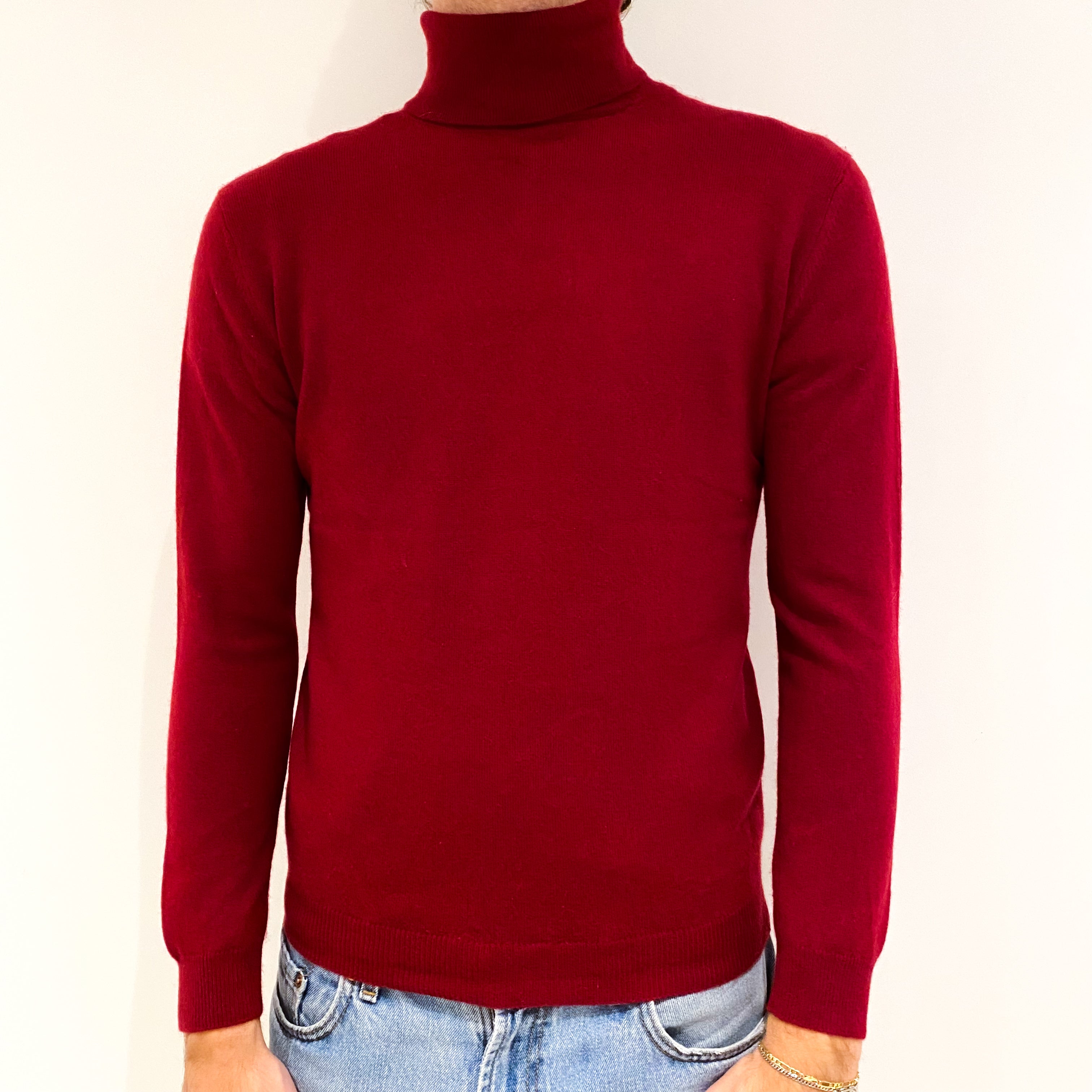 Men's Crimson Red Cashmere Polo Neck Jumper Medium