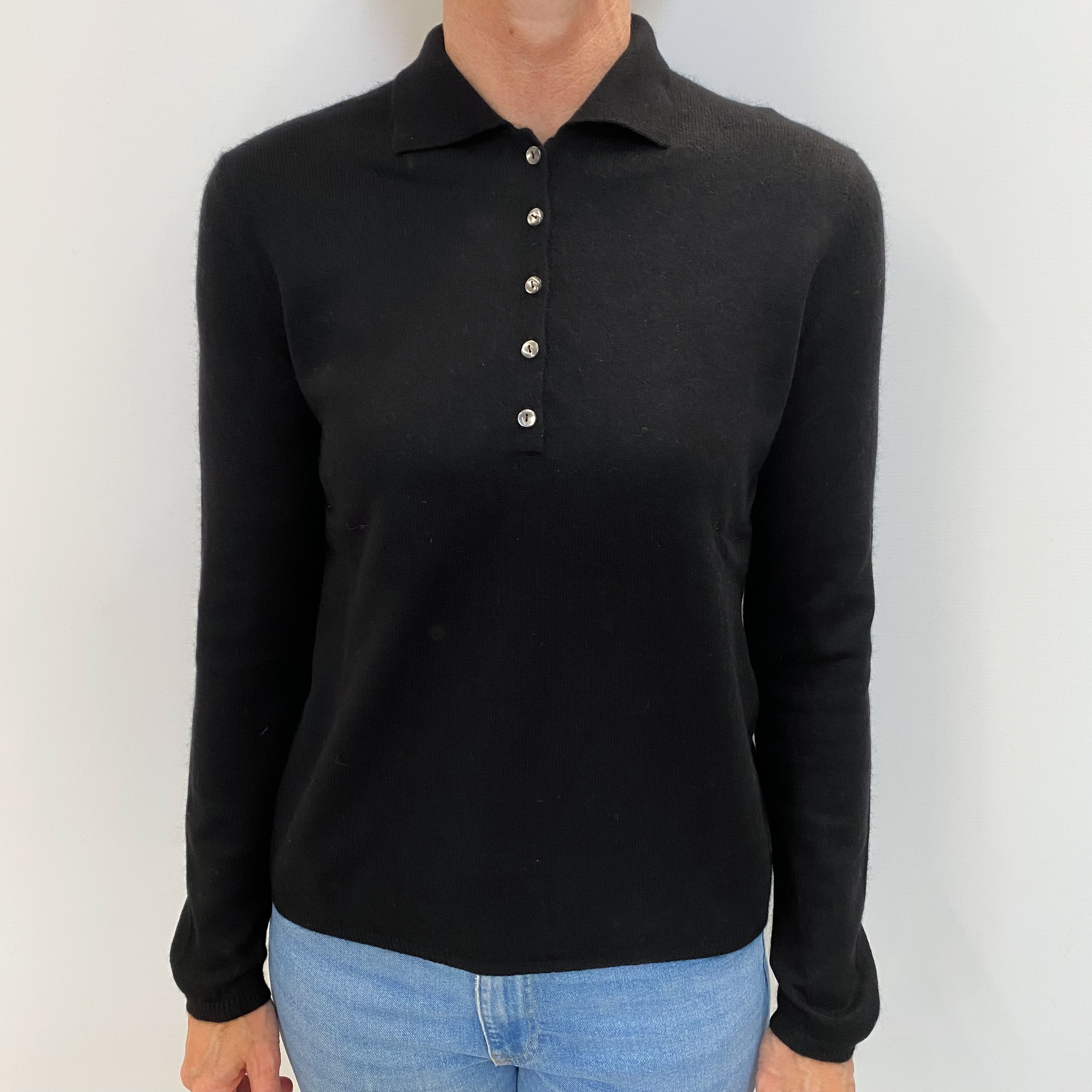 Black Cashmere 1/4 Button Collared Crew Neck Jumper Small