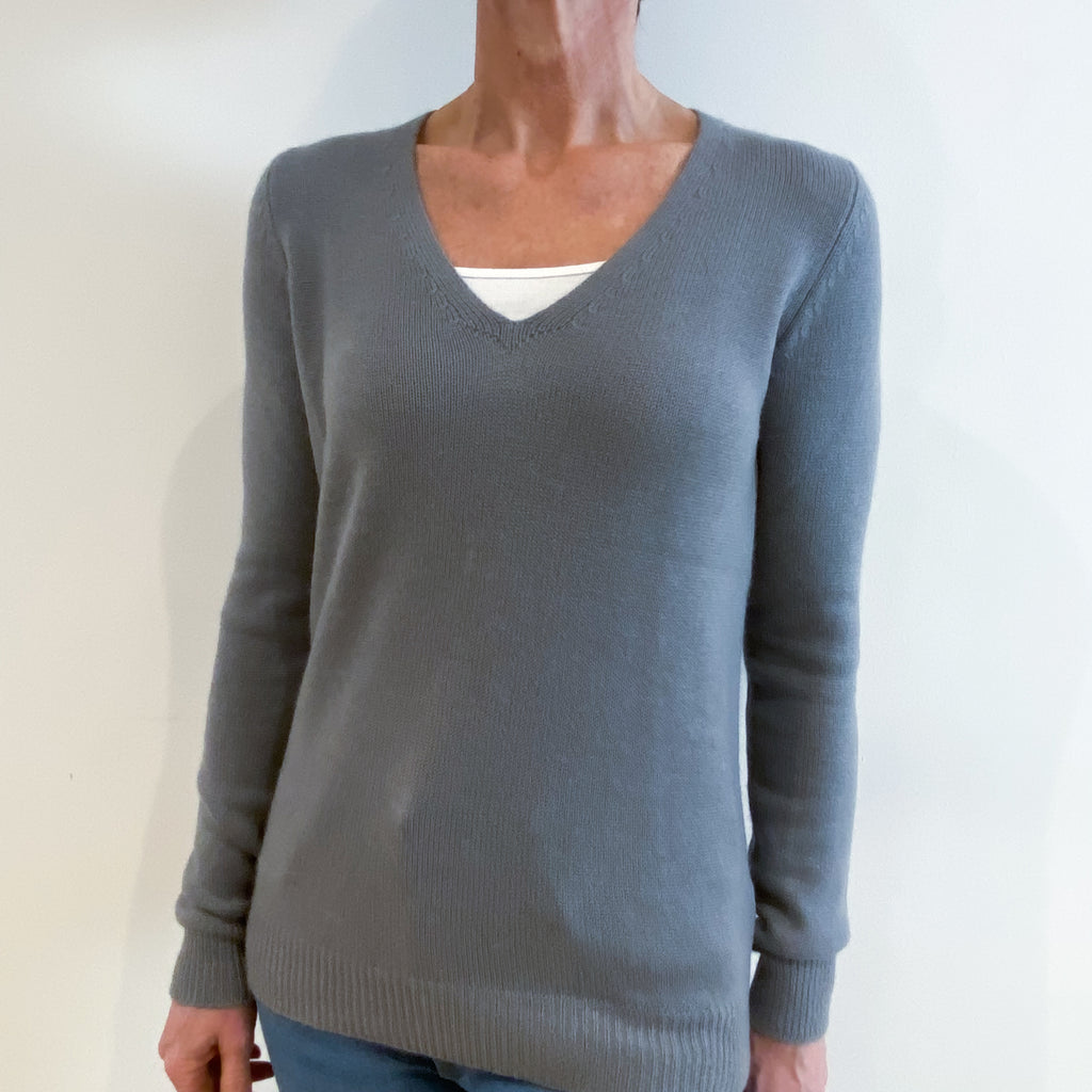 Steel Grey Cashmere V Neck Jumper Small