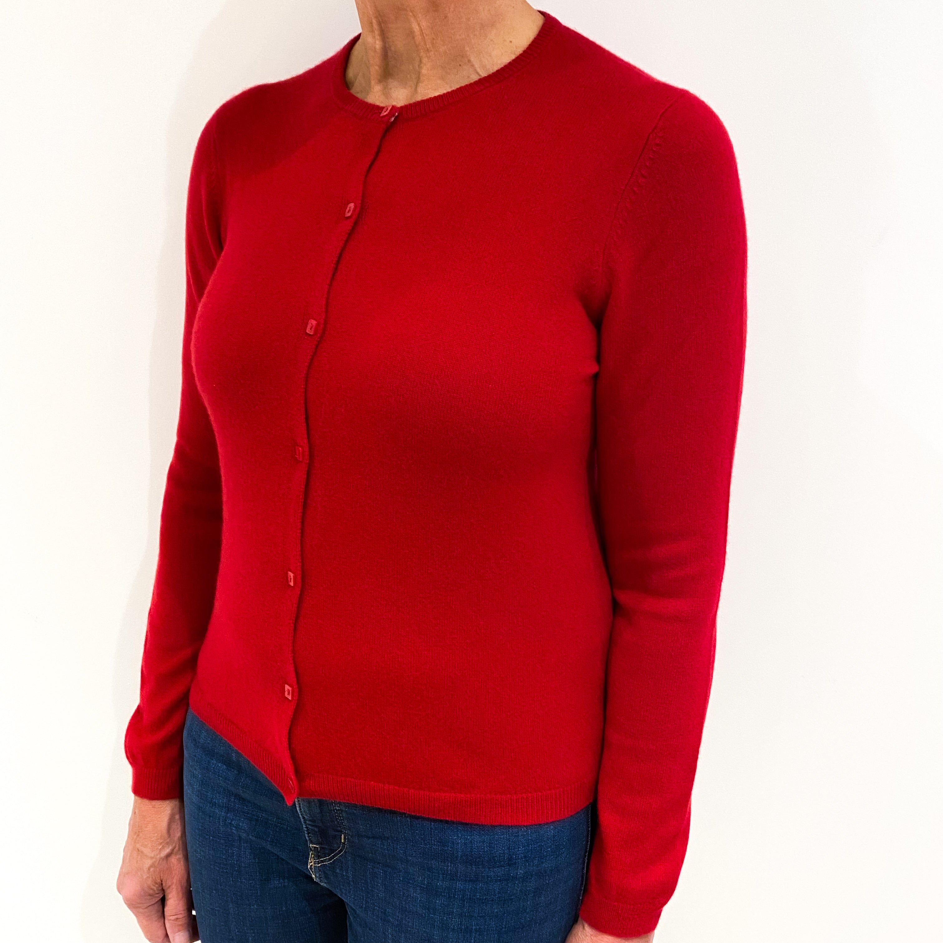Post Box Red Cashmere Crew Neck Cardigan Medium