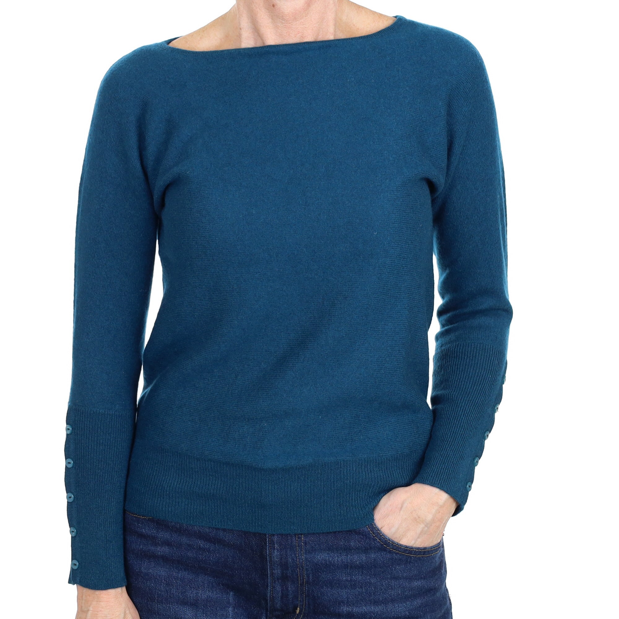 Petrol Blue Cashmere Batwing Slash Neck Jumper Small