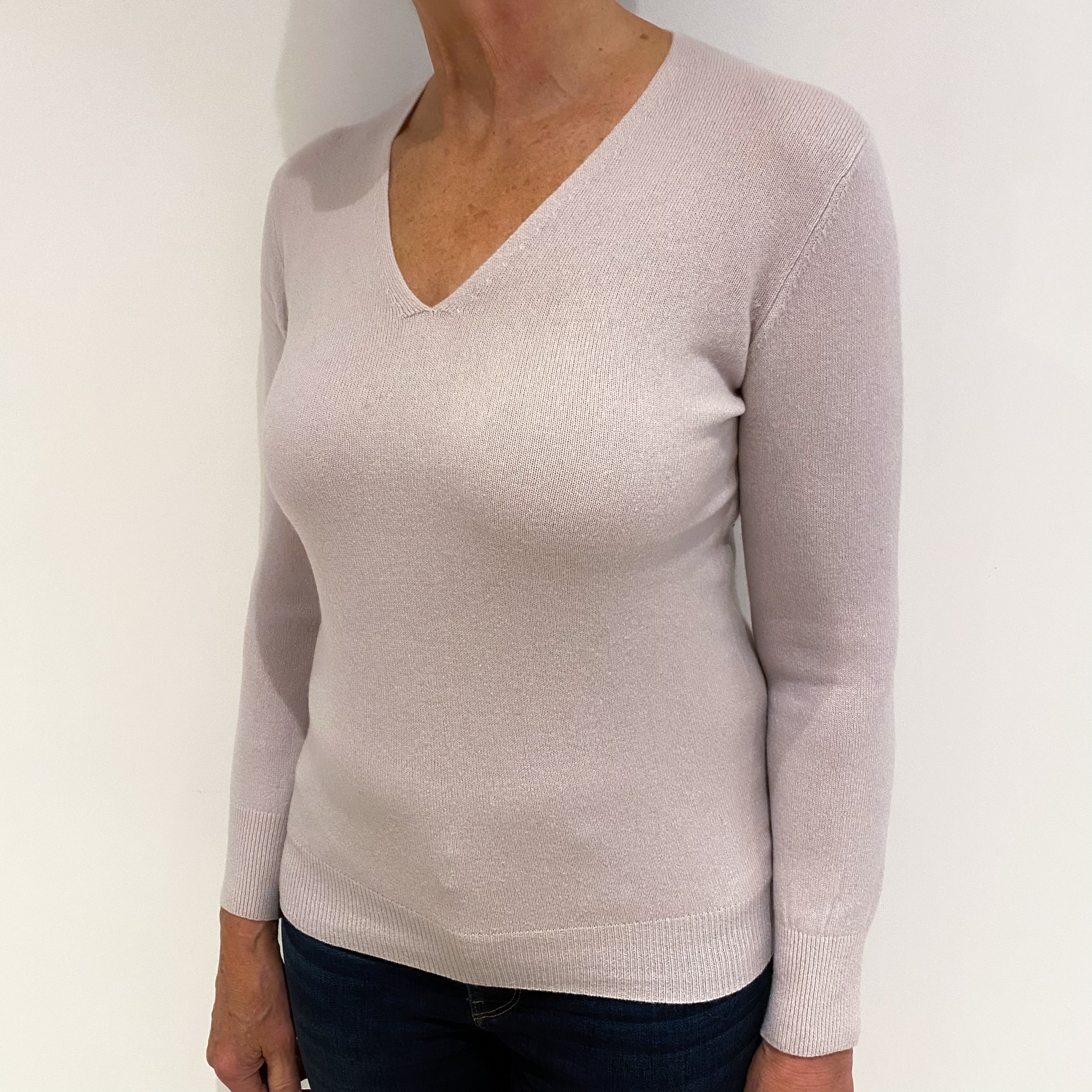 Pale Dusky Pink Cashmere V Neck Jumper Medium