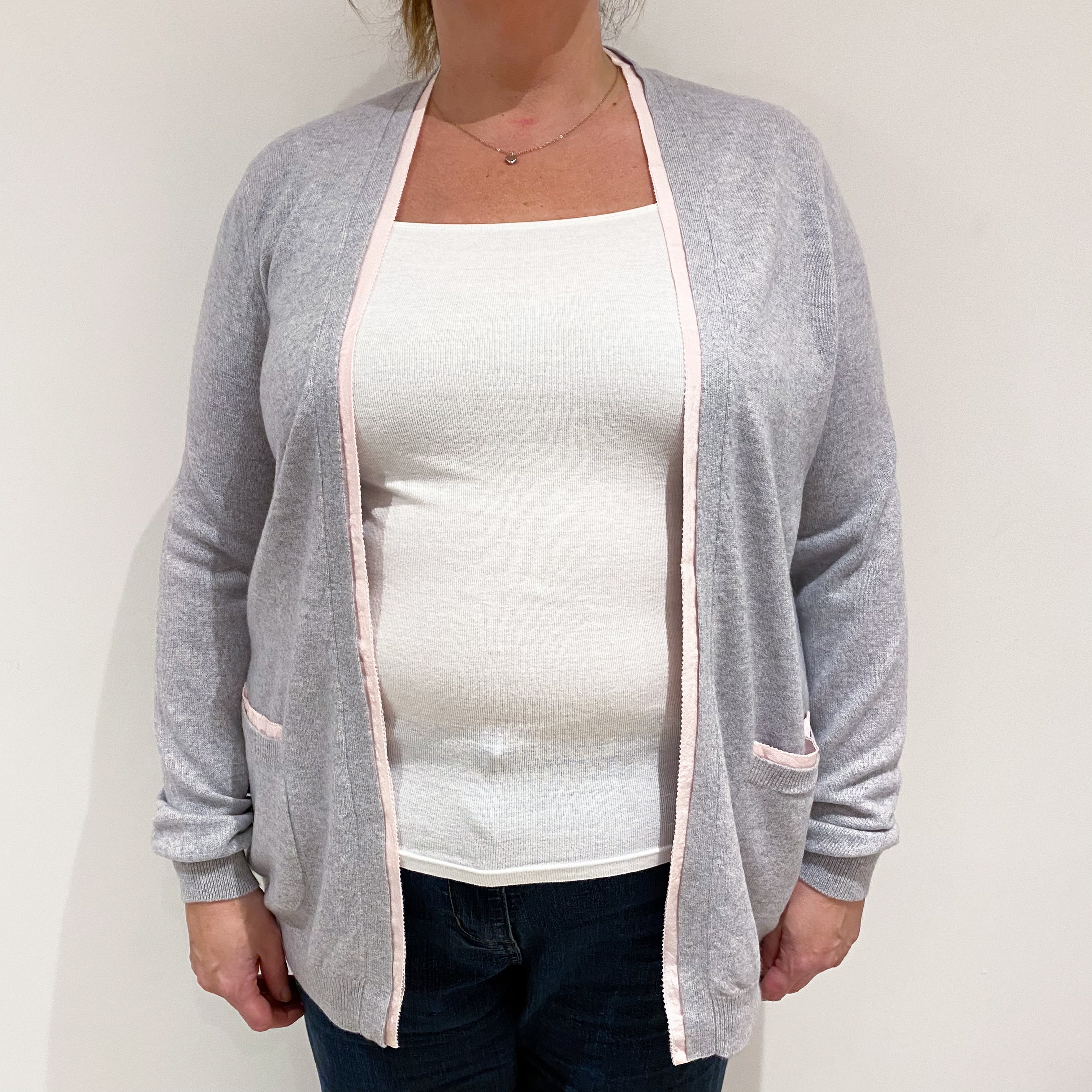 Smoke Grey Pink Trim Cashmere Edge to Edge Cardigan Extra Large