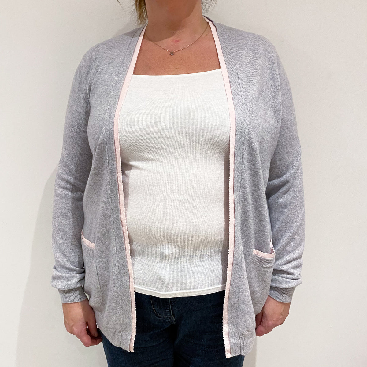 Smoke Grey Pink Trim Cashmere Edge to Edge Cardigan Extra Large