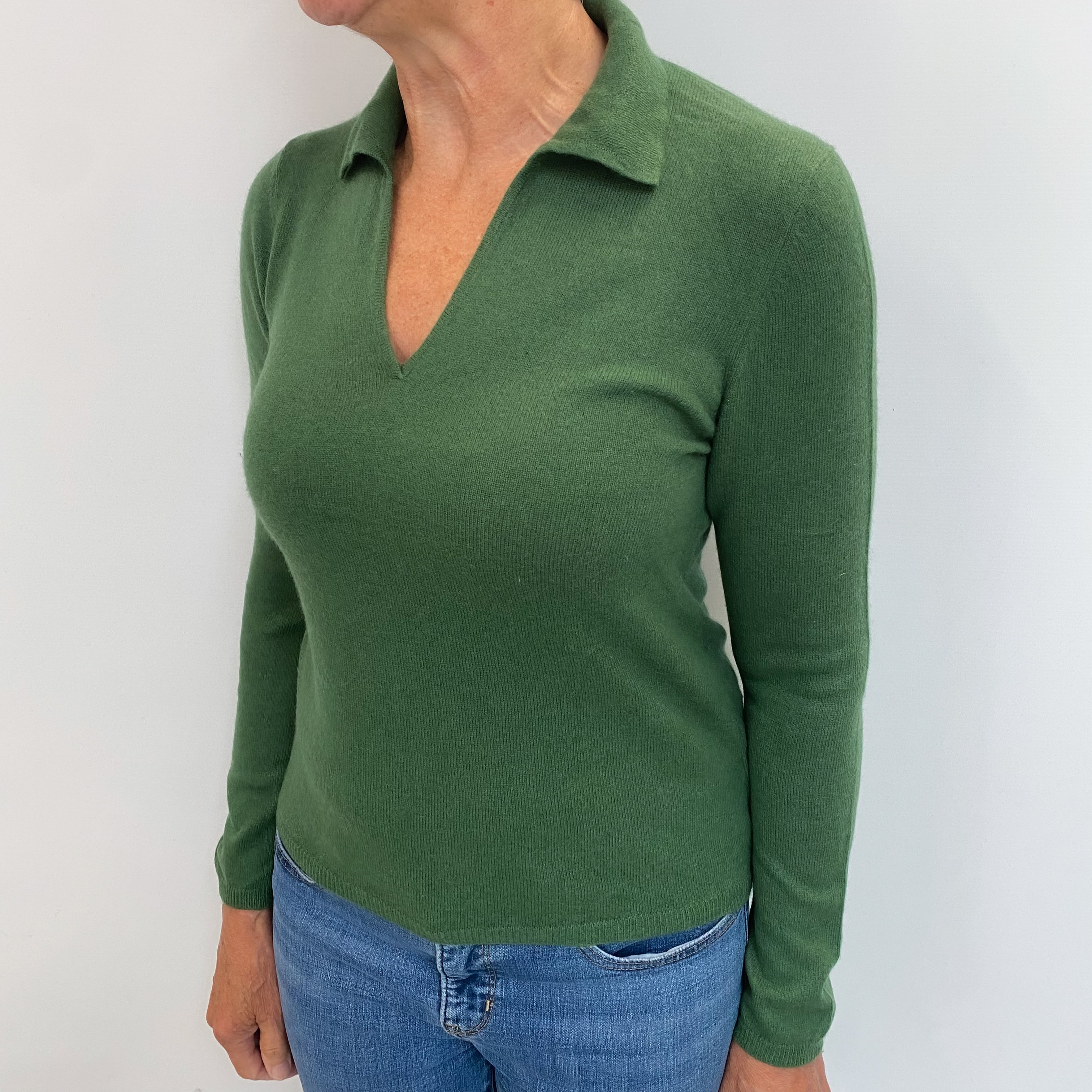 Fern Green Cashmere Collared V Neck Jumper Medium