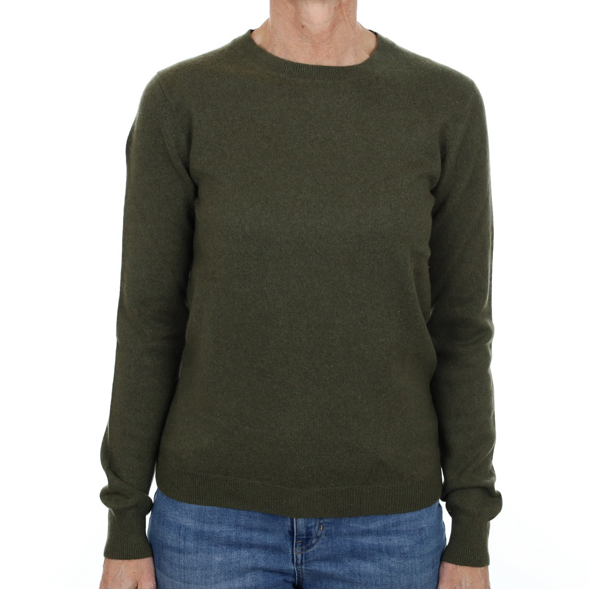 Deep Khaki Green Cashmere Crew Neck Jumper Small