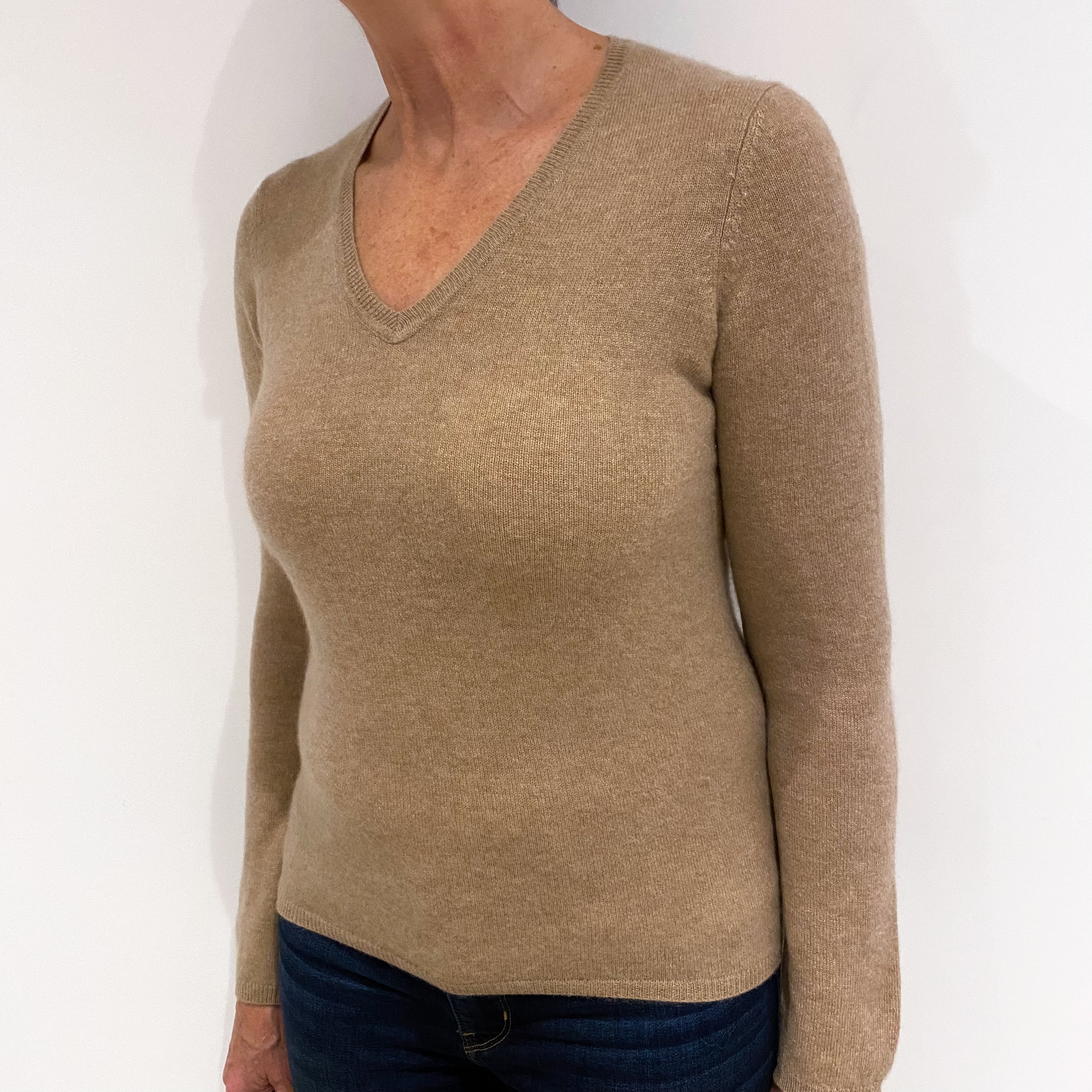 Camel Brown Cashmere V Neck Jumper Medium