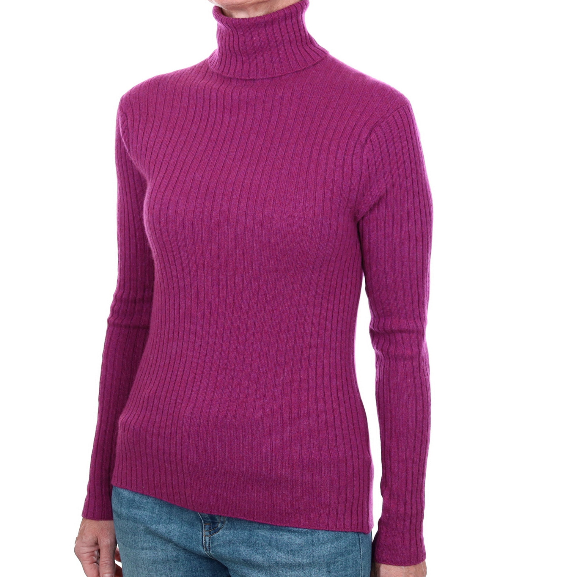 Magenta Purple Cashmere Polo Neck Ribbed Knit Jumper Small