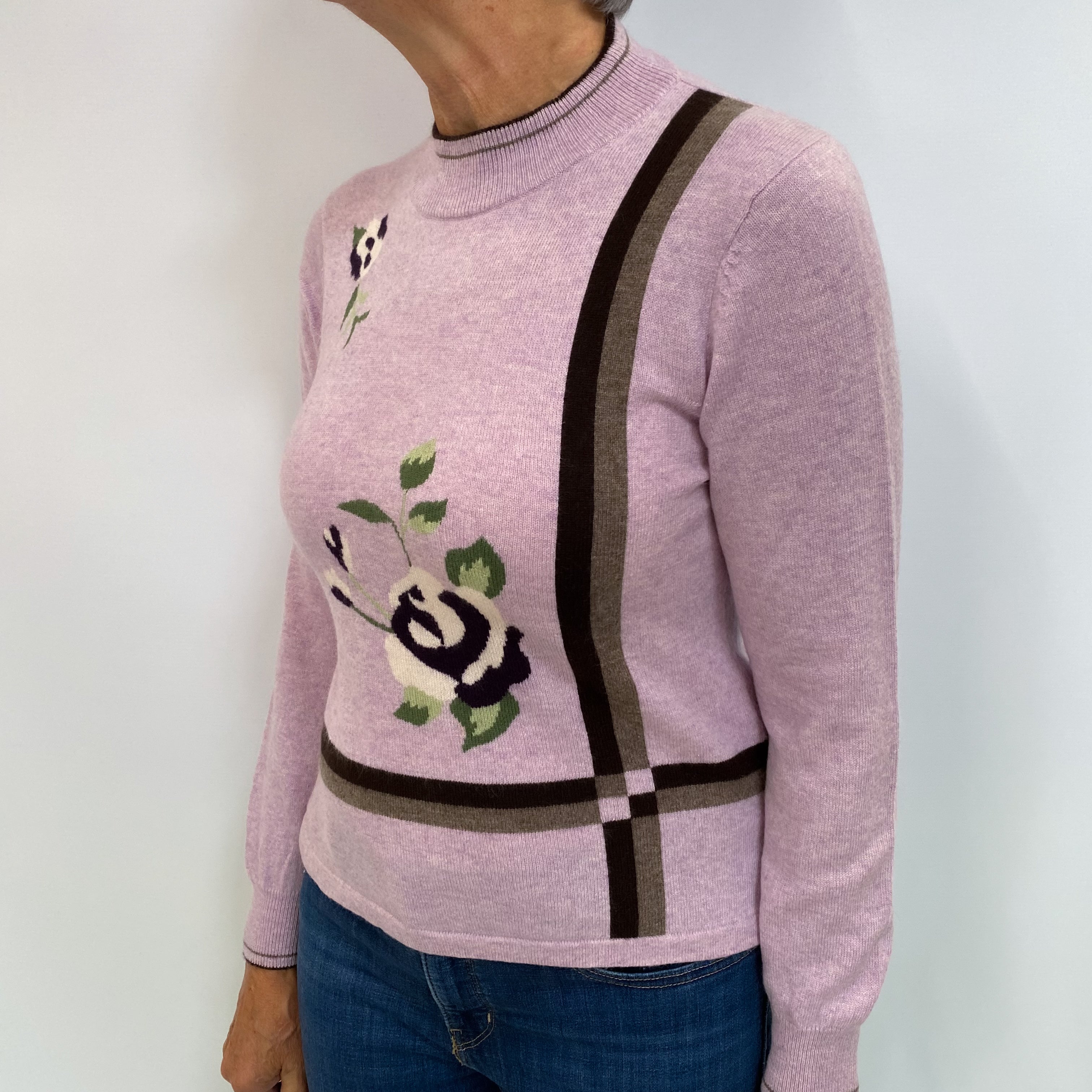 Lavender Purple Patterned Cashmere Polo Neck Jumper Medium