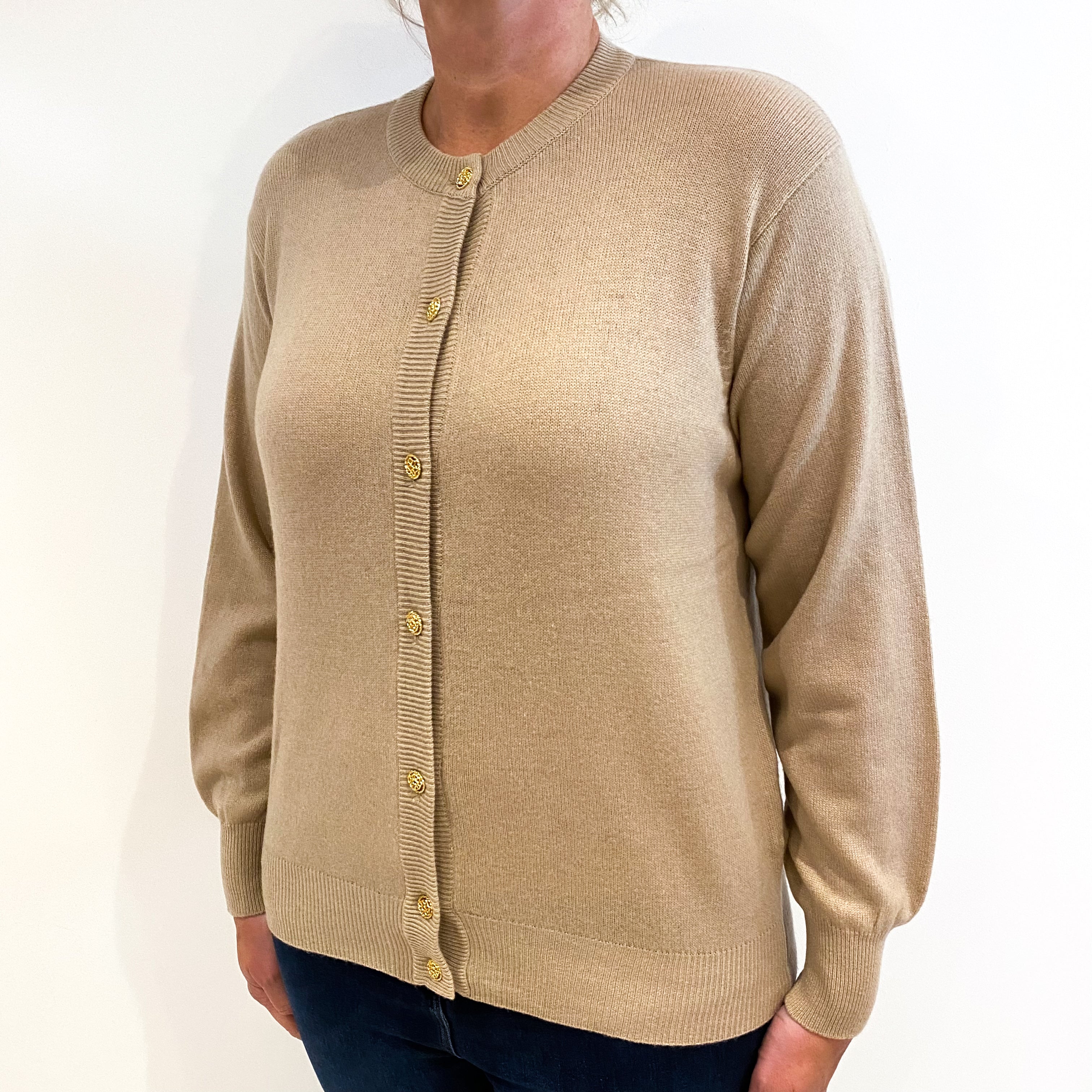 Beige Cashmere Crew Neck Cardigan Large