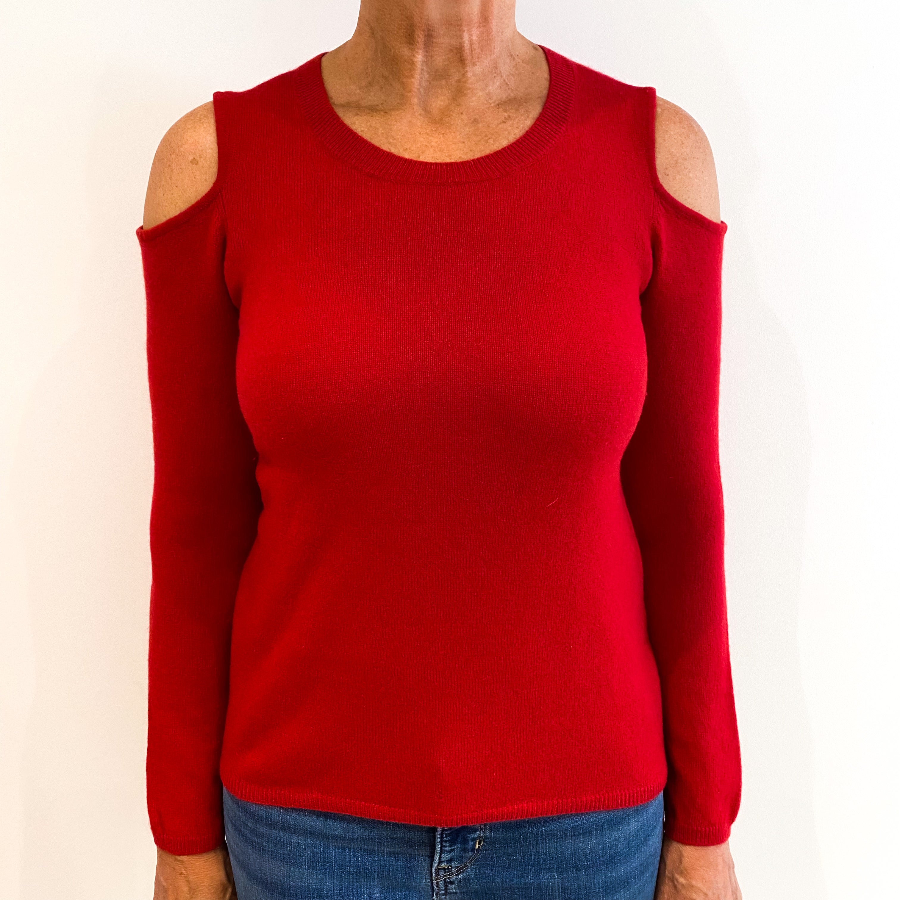 Post Box Red Cashmere Cold Shoulder Jumper Medium