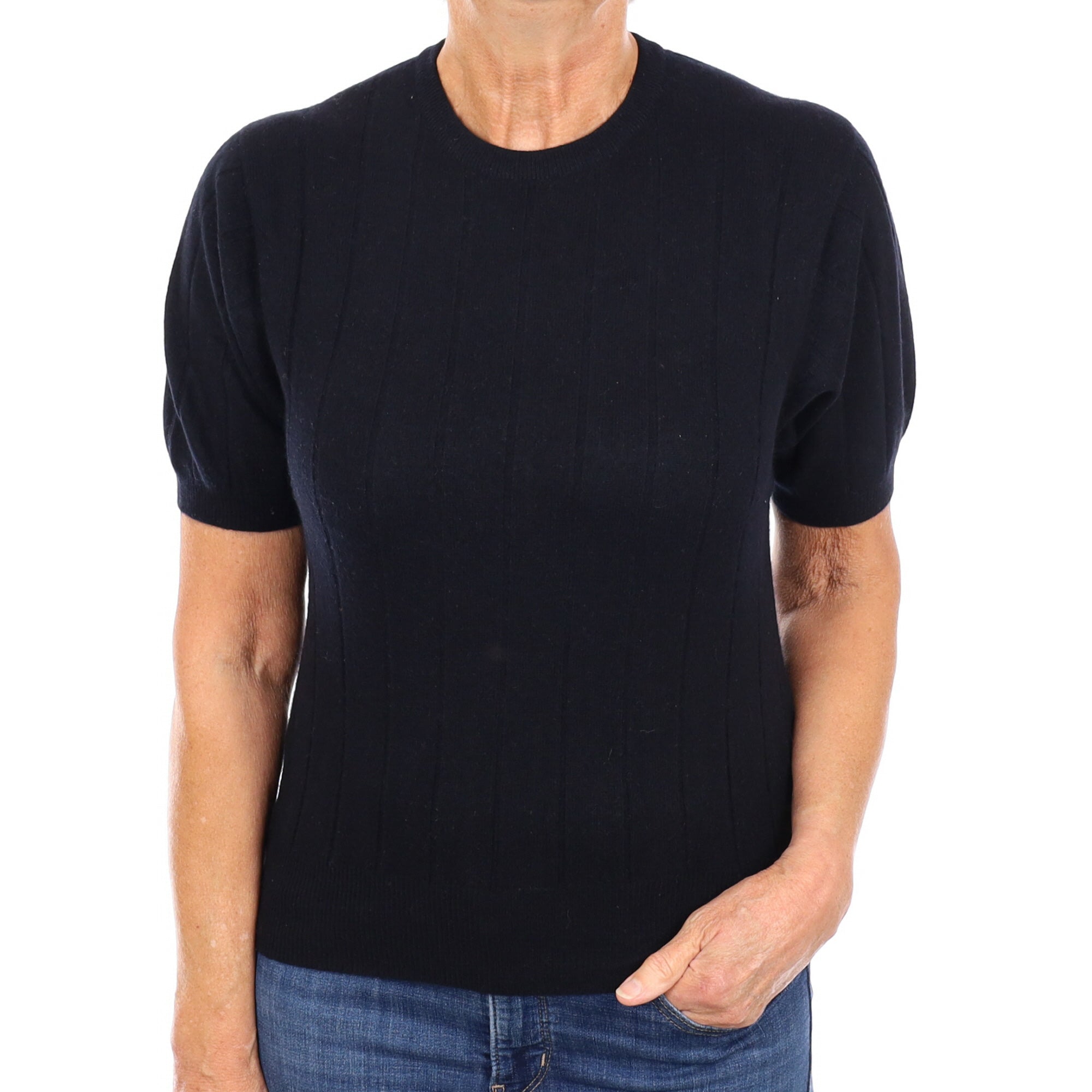 Black Rib Cashmere Short Sleeve Crew Neck Jumper Medium