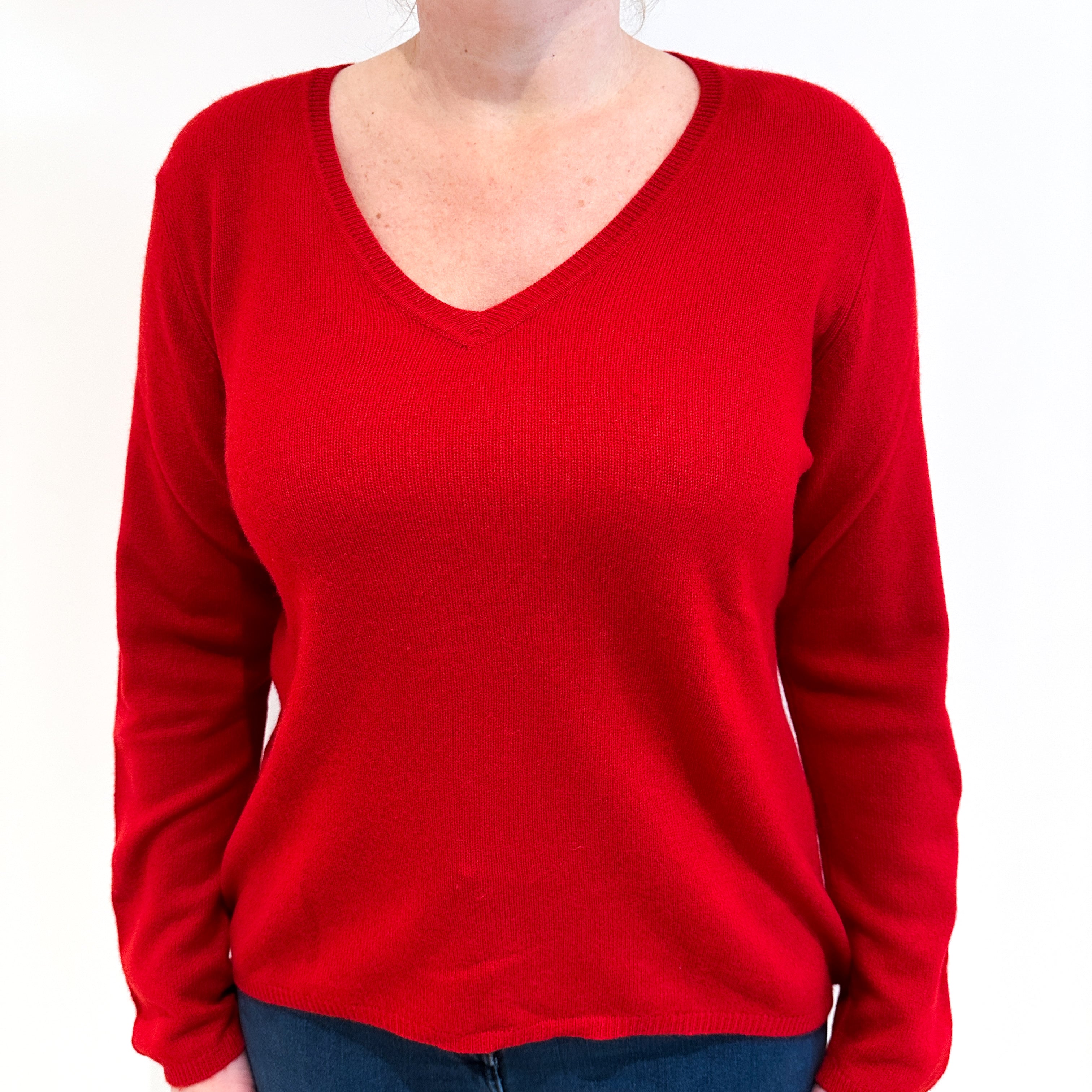 Post Box Red Cashmere V Neck Jumper Large