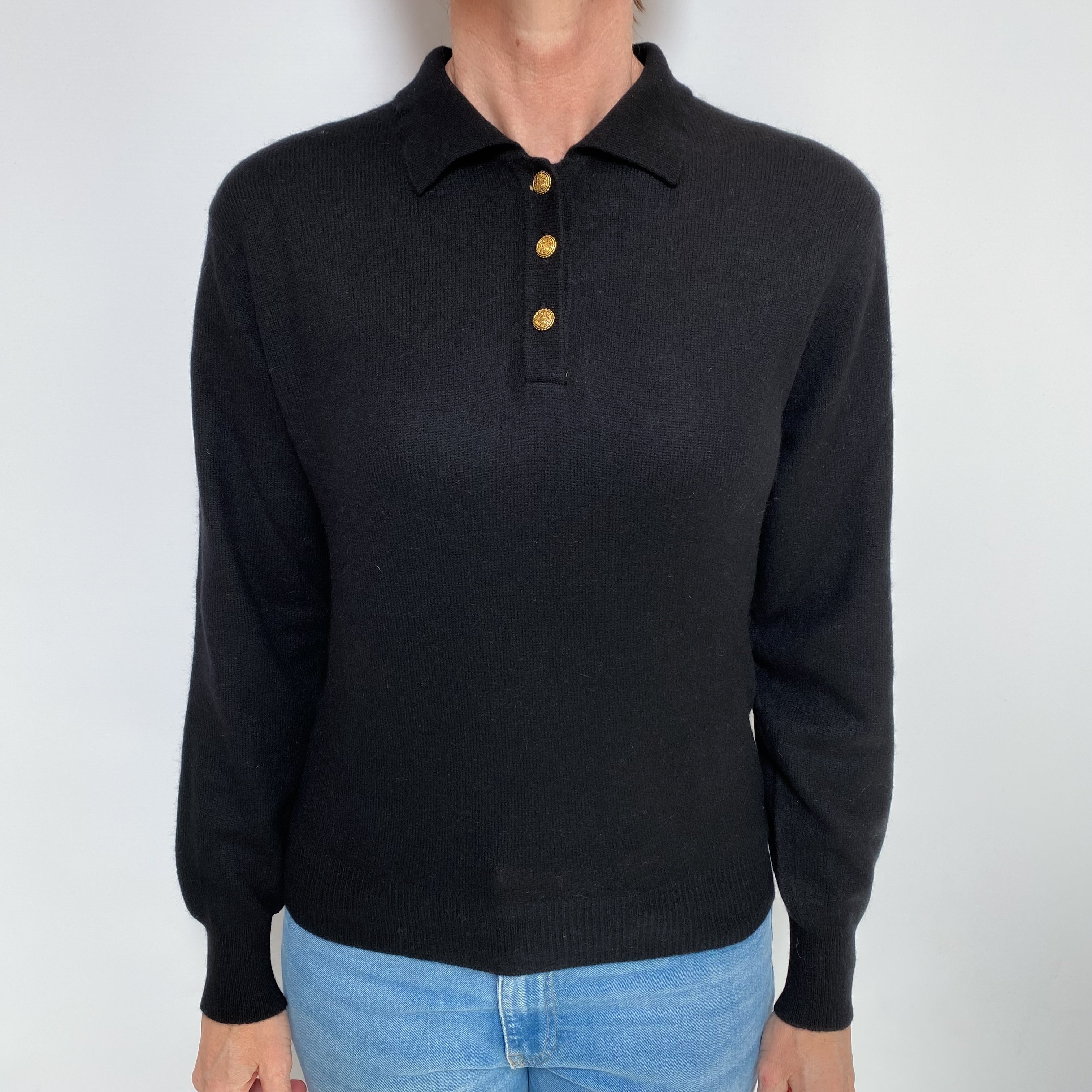 Black Cashmere Collared 1/4 Button Jumper Small