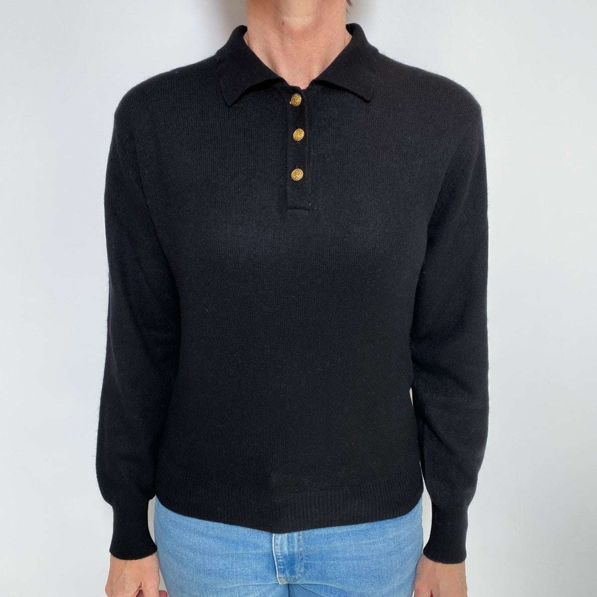 Black Cashmere Collared 1/4 Button Jumper Small