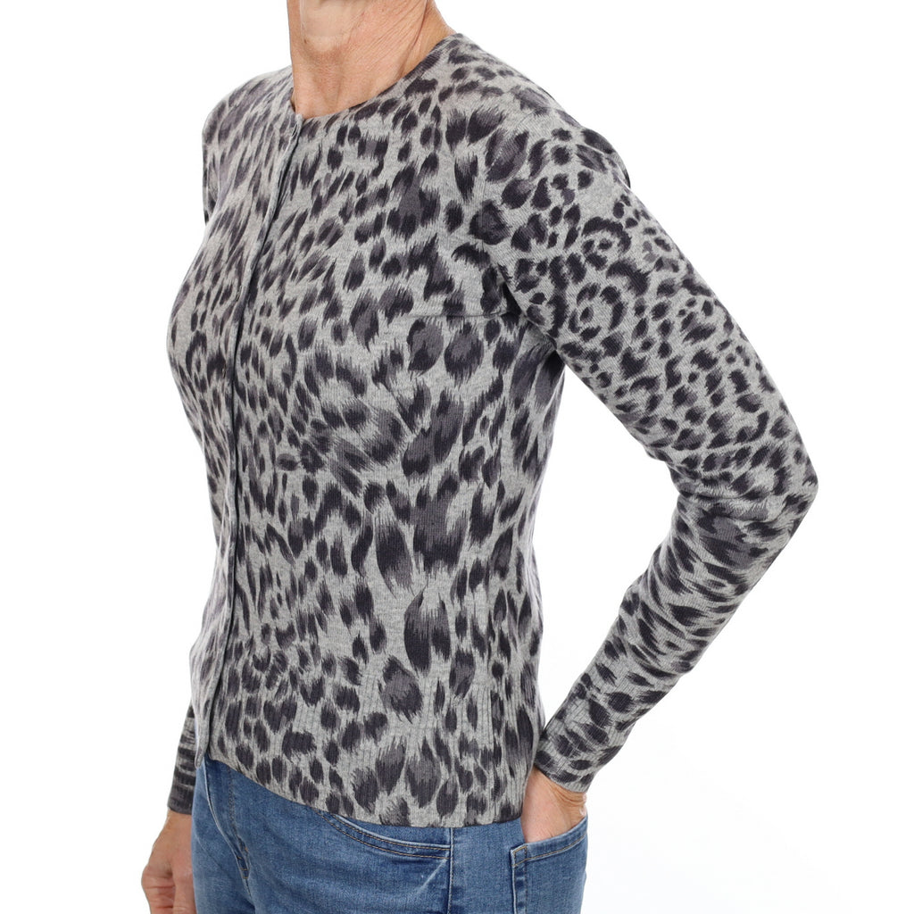 New Grey Animal Print Cashmere Crew Neck Cardigan Small