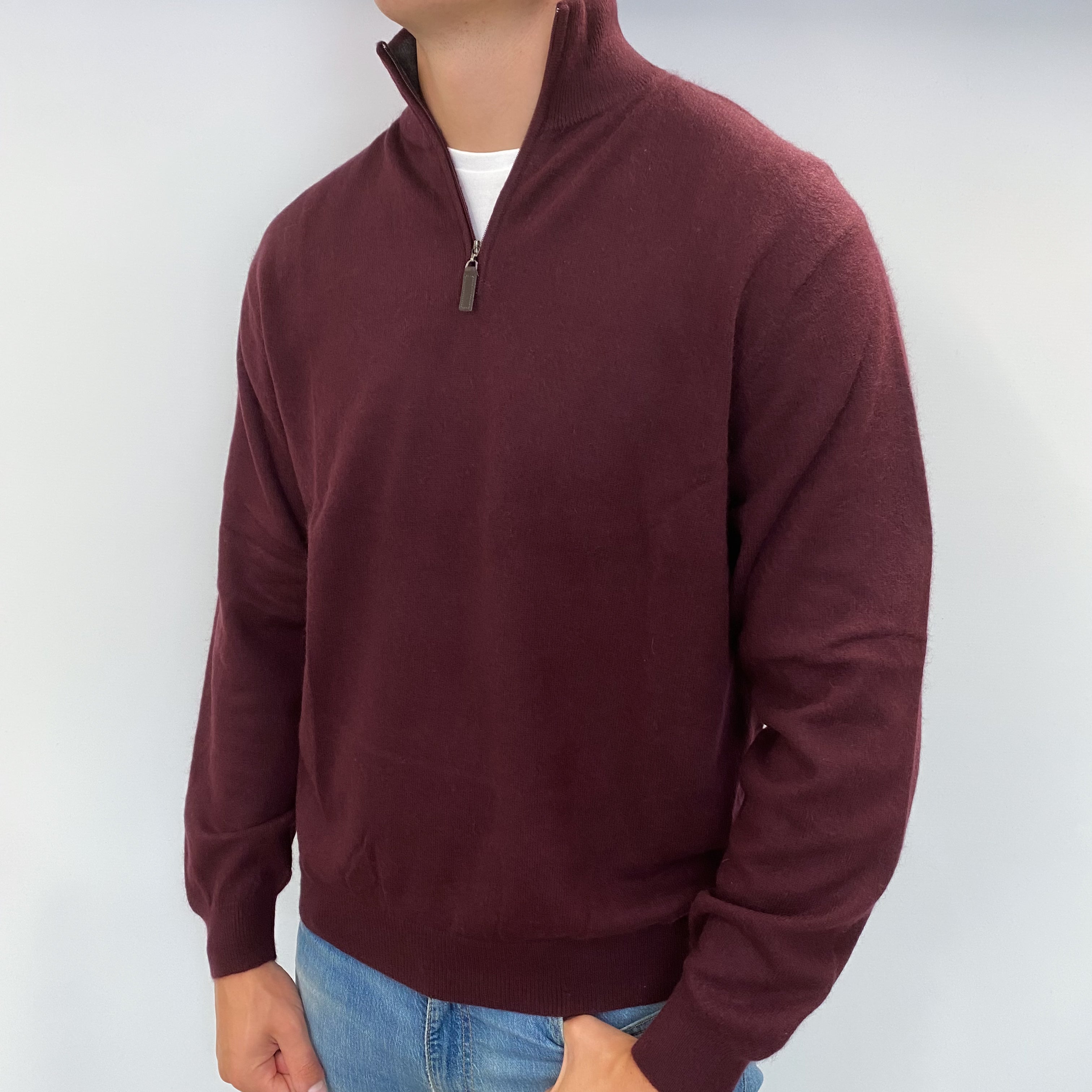 Men's Mulberry Purple Cashmere 1/4 Zip V Neck Jumper XL