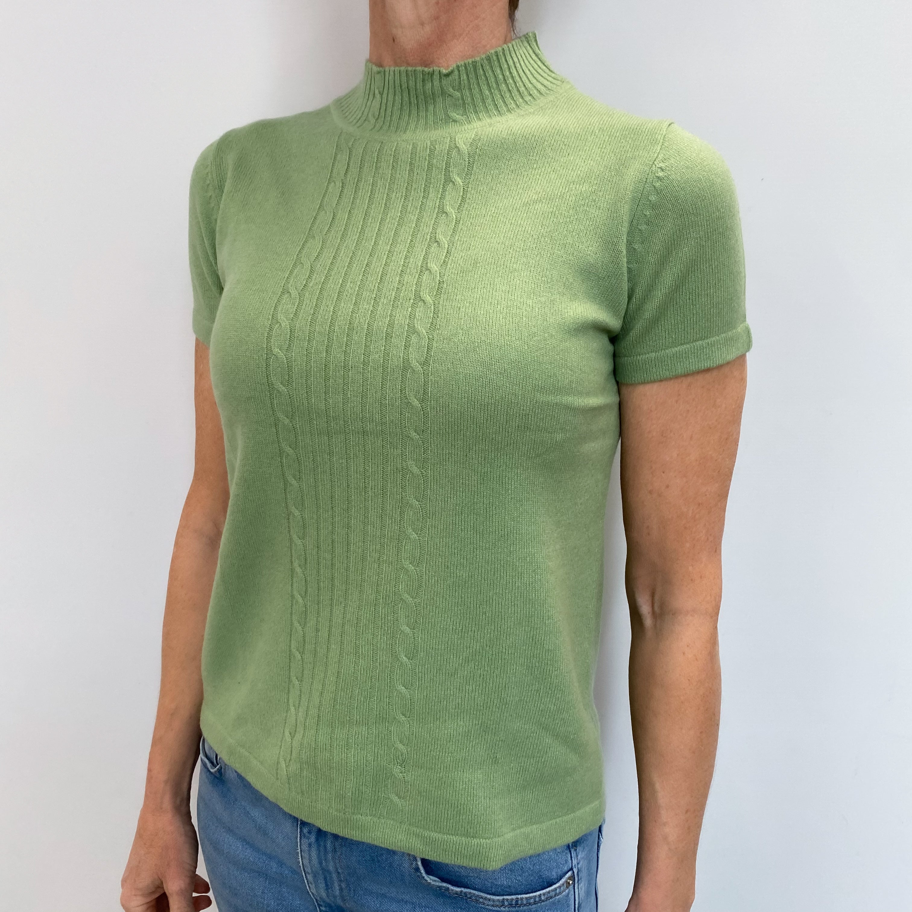 Hellebore Green Cashmere Cable Detail Short Sleeved Jumper Small