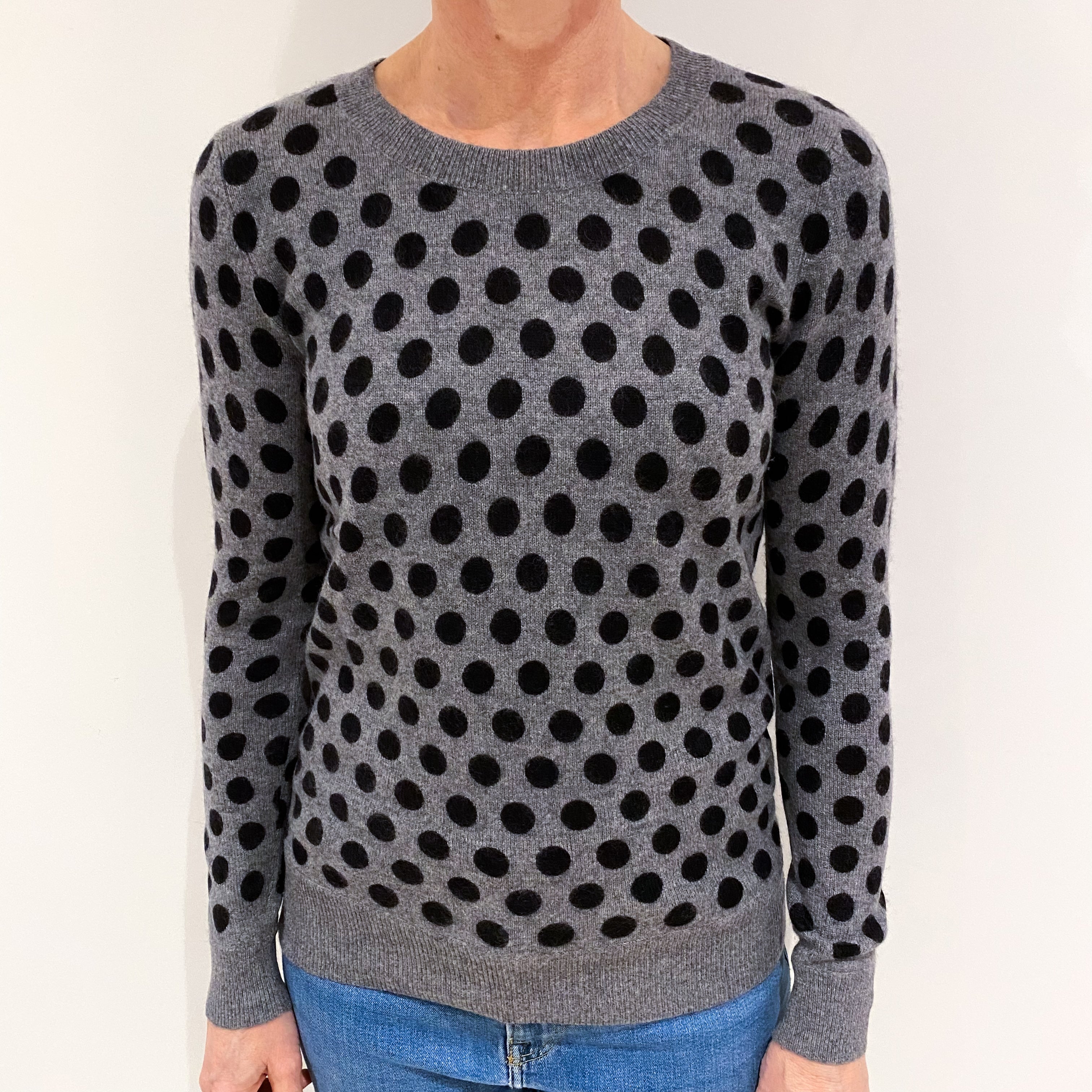 Steel Grey Polka Dot Cashmere Crew Neck Jumper Small